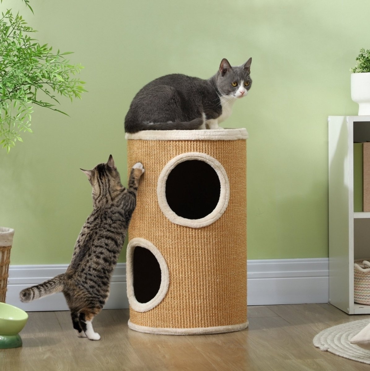REDOM - Krabmeubel Krabton met sisal en pluche bekleding - Dubbelzijdige speel- en rustruimte - Geschikt voor 1-2 katten - Ø35 x 60 cm - Bruin-Beige