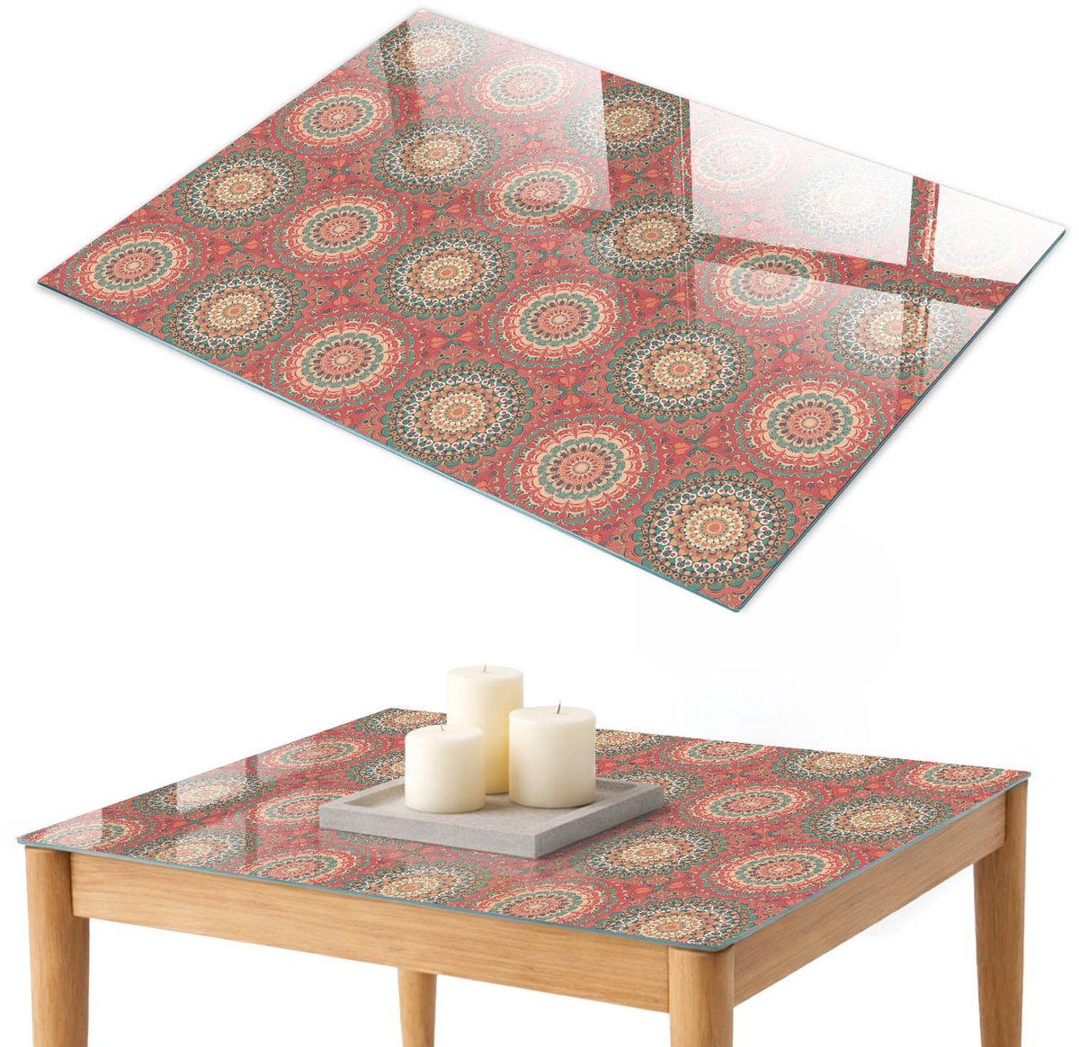 ArtPrintCave Mandala-decoratie Glazen Tafelblad 100x70 cm - Tafelblad Rechthoek - Rood Tafelblad Glas - Achtergronden en patronen Glazen Eettafel