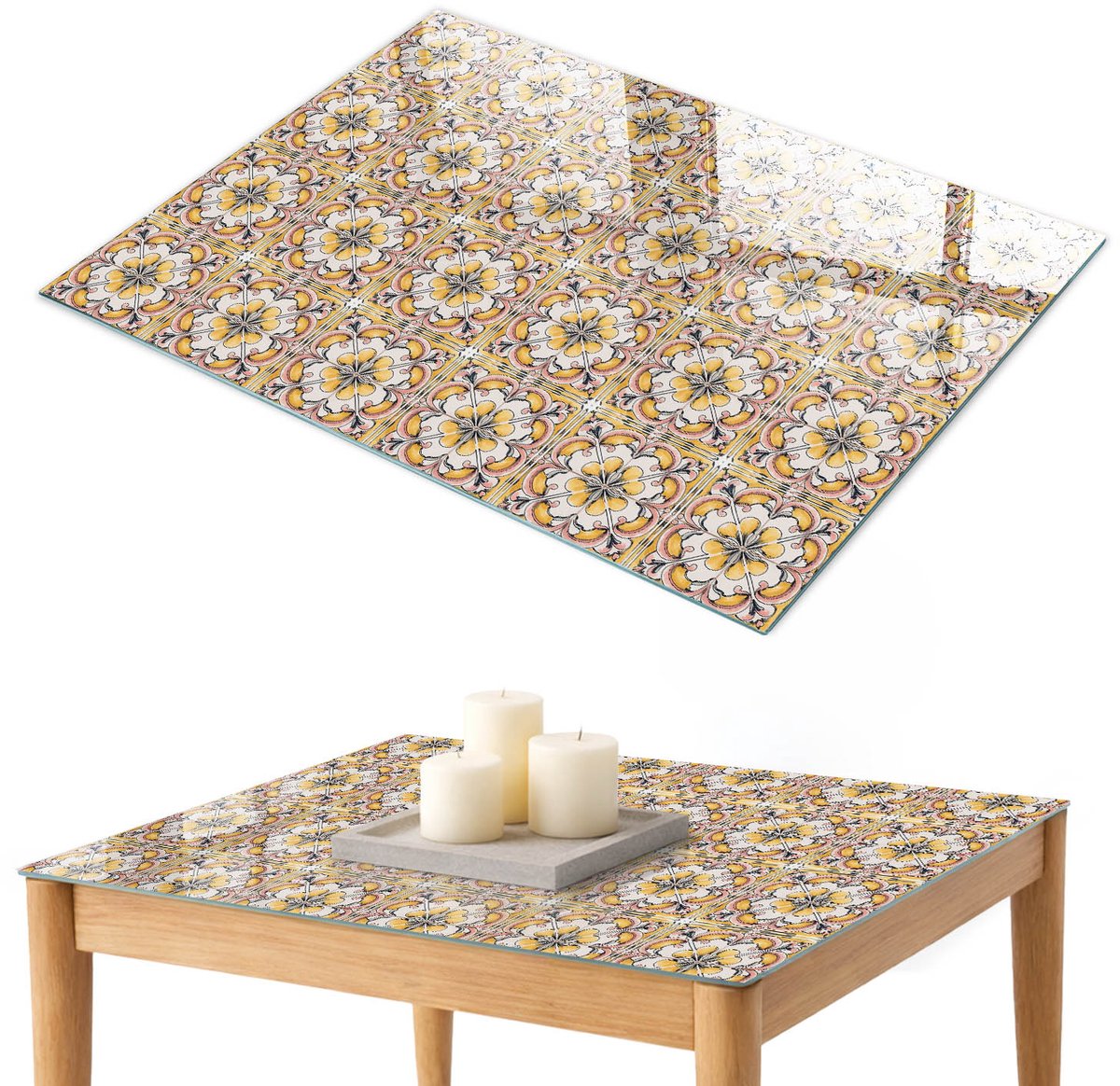 ArtPrintCave Bloemenpatroon Glazen Tafelblad 100x70 cm - Tafelblad Rechthoek - Geel Glazen Eettafel - Achtergronden en patronen Terrastafel