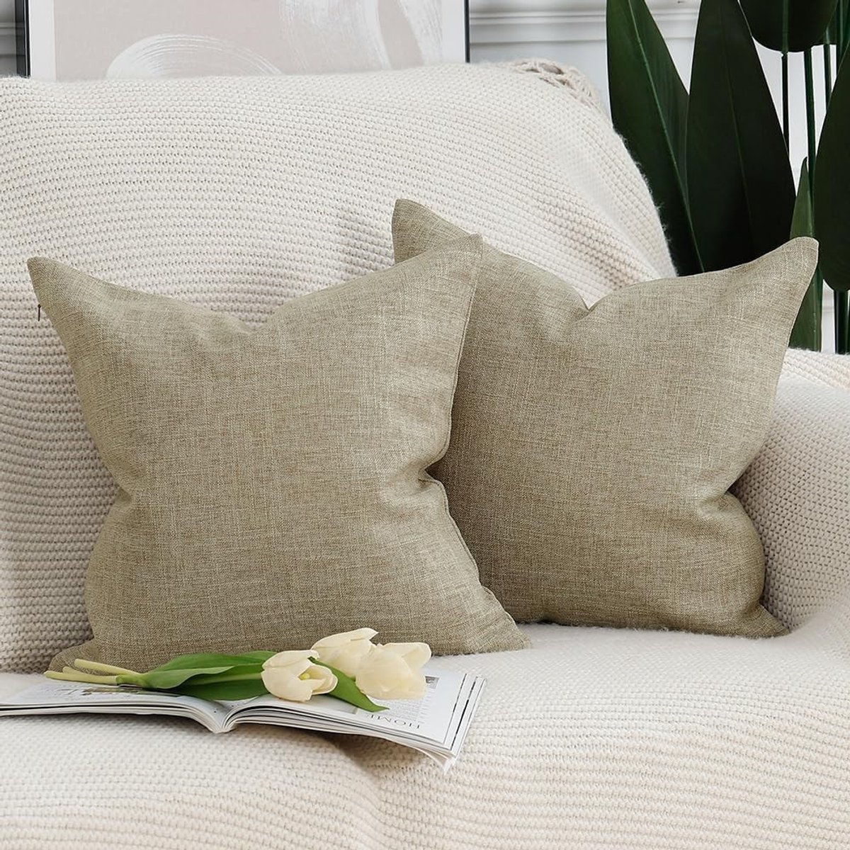Set van 2 Zachte Linnen Kussenslopen Decoratieve Kussenhoezen voor Sofa en Slaapkamer 55x55cm Licht Taupe, Perfect voor Thuisdecoratie en Comfort