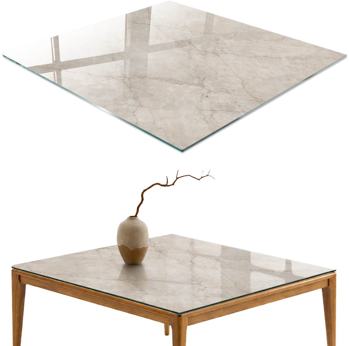 ArtPrintCave Steenpatroon Glazen Tafelblad - 50x50 cm - Tafelblad Vierkanten - Beige Eettafel Met Glasplaat - Texturen Terrastafel