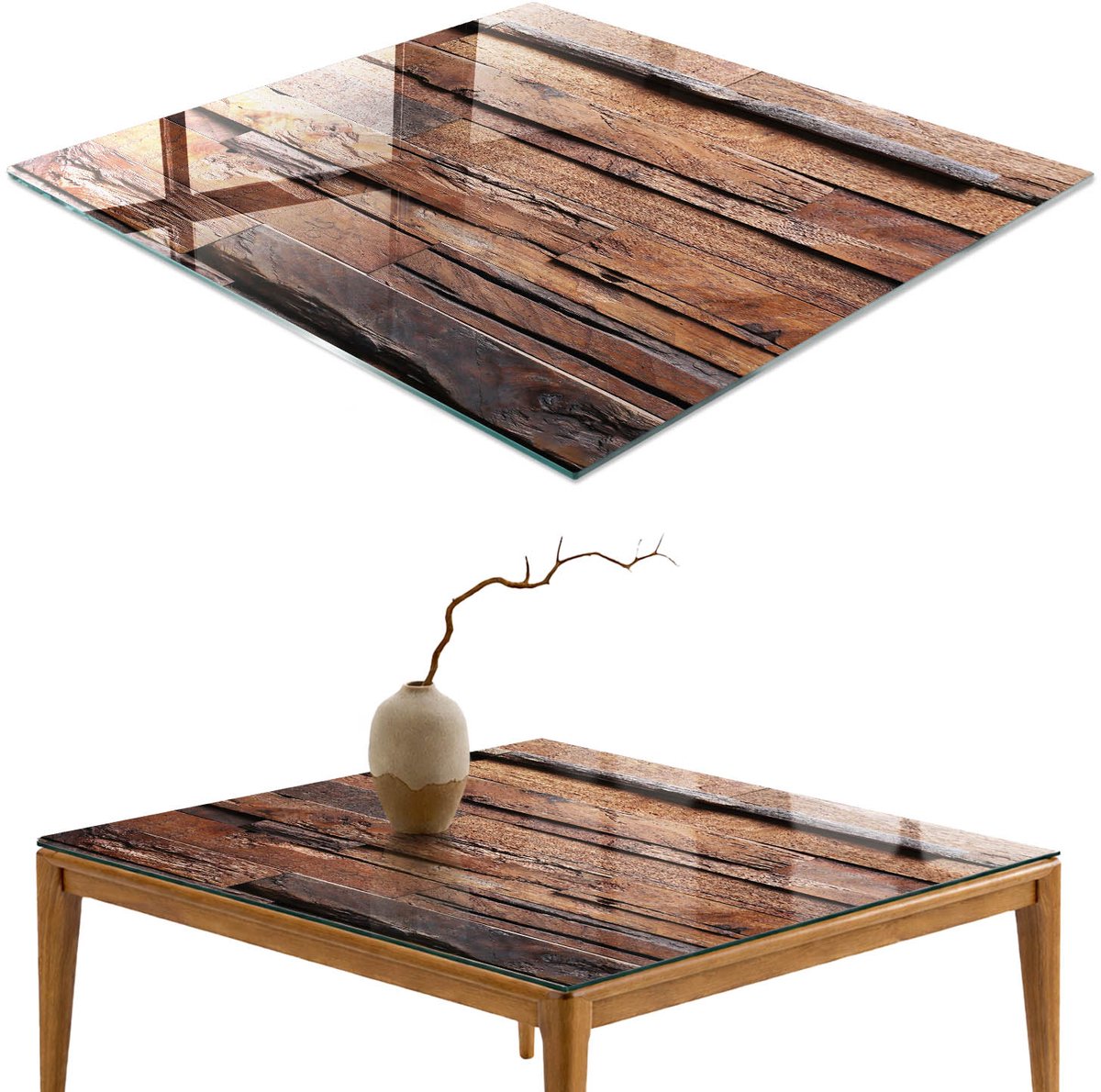 ArtPrintCave Rustiek hout Glazen Tafelblad 60x60 cm - Tafelblad Rechthoek - Bruin Bureaublad - Texturen Terrastafel