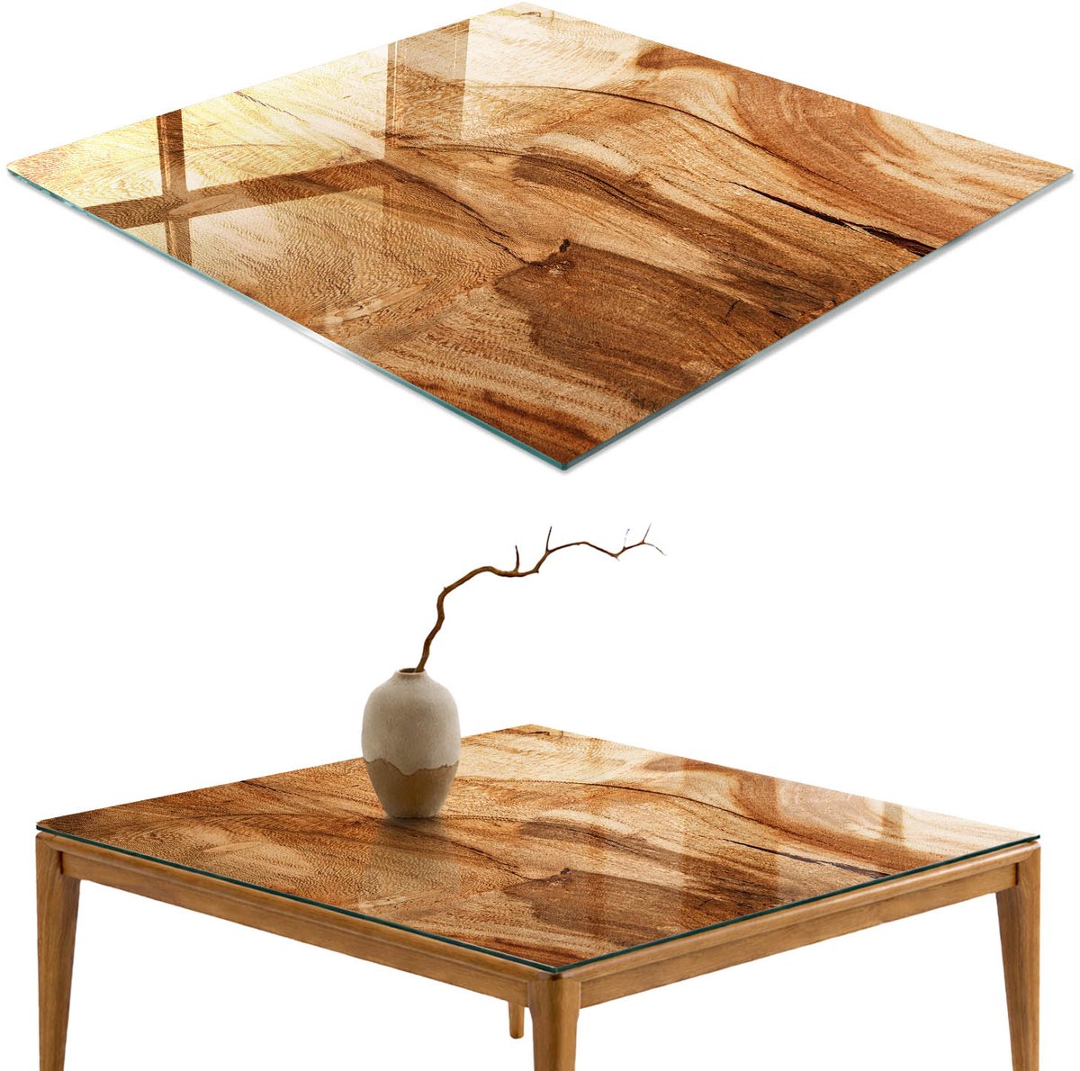 ArtPrintCave Houten ringen Glazen Tafelblad 60x60 cm - Tafelblad Rechthoek - Bruin Tafelblad Glas - Texturen Keukentafel
