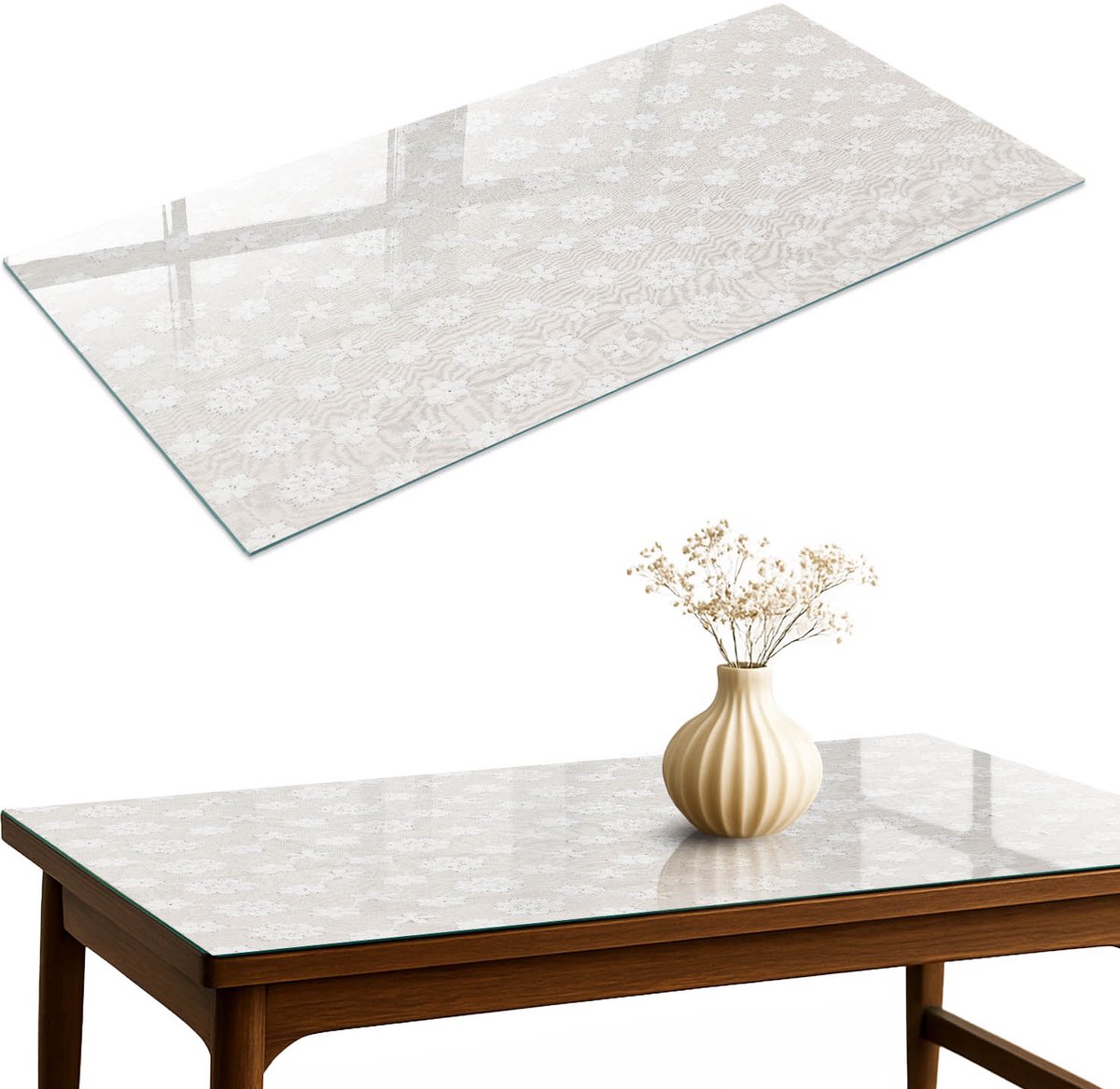 ArtPrintCave Bloemenpatroon Glazen Tafelblad 140x70 cm - Tafelblad Rechthoek - Wit Keukentafel - Bloemen en planten Bureaublad