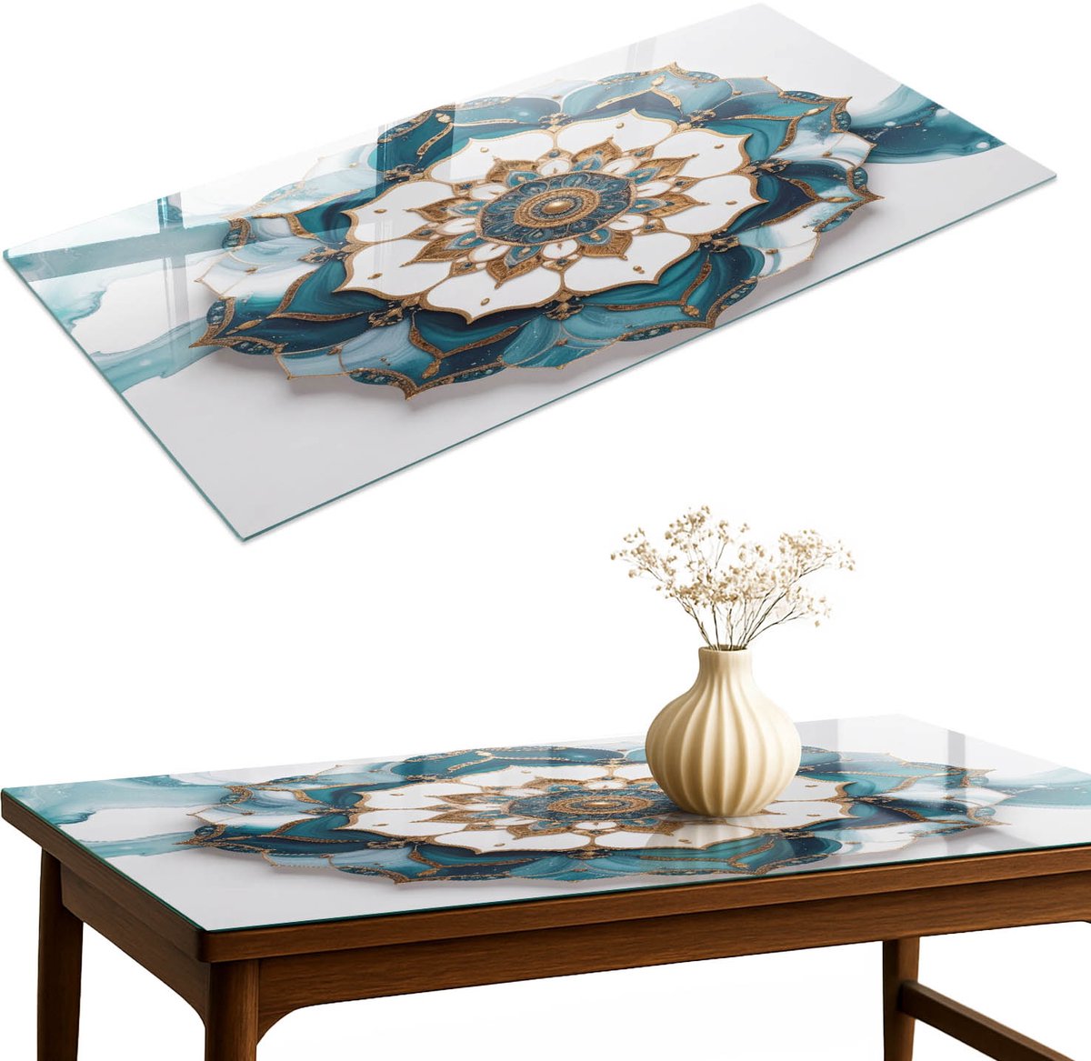 ArtPrintCave Mandala-elegantie Glazen Tafelblad 120x60 cm - Tafelblad Rechthoek - Turkoois Tafelblad Glas - Abstractie Keukentafel