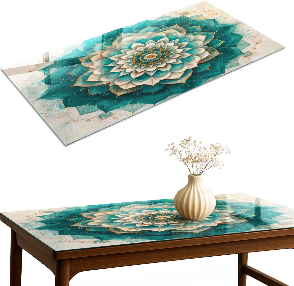 ArtPrintCave Symmetrische mandala Glazen Tafelblad 120x60 cm - Tafelblad Rechthoek - Turkoois Eettafel Met Glasplaat - Abstractie Glazen Eettafel