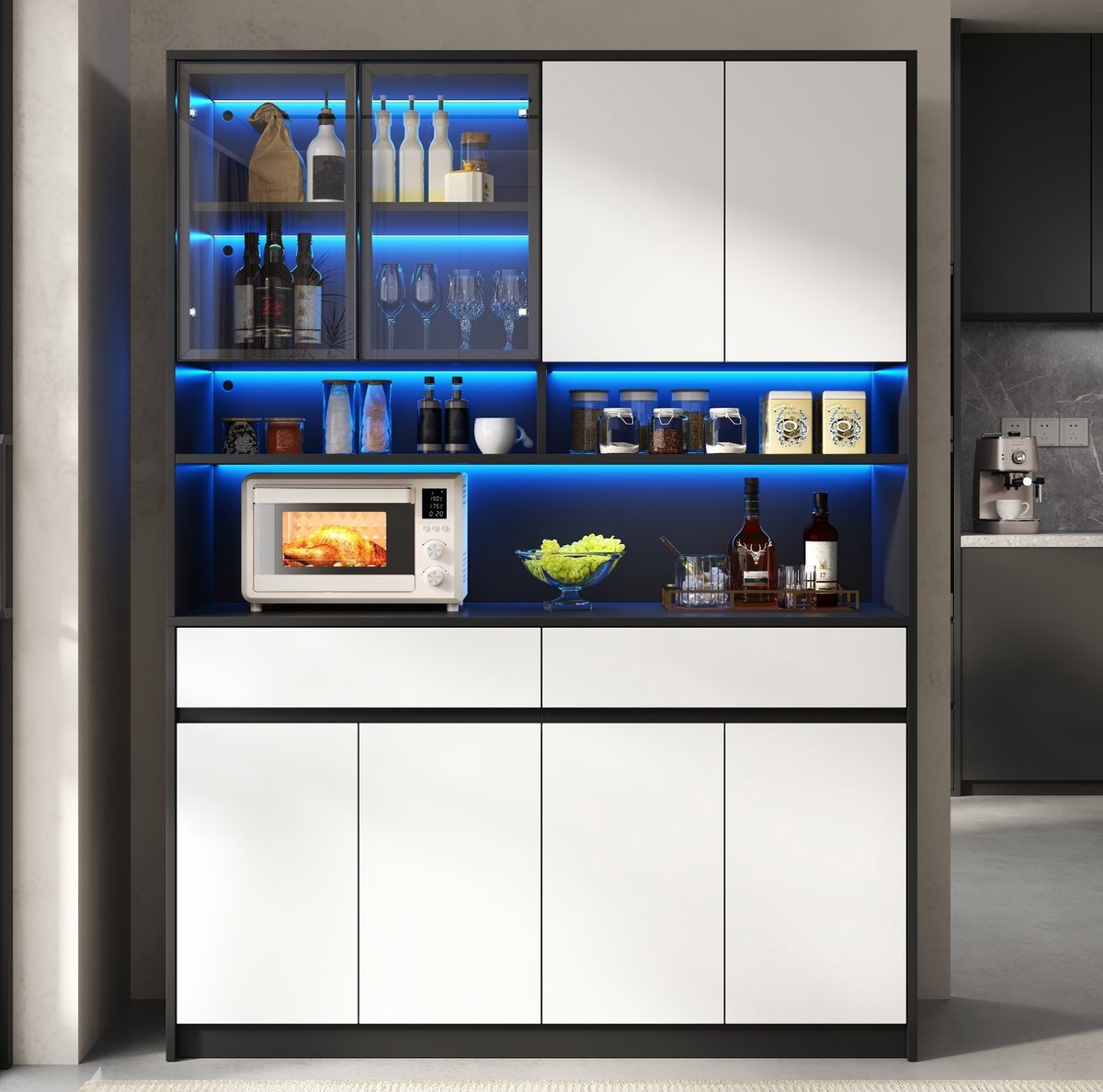 MIVRAY Buffetkast - Hoge Kast Met Led Verlichting En Glasvak - Voor Woonkamer En Keuken - MDF - Zwart Wit - 120 X 38 X 160 Cm