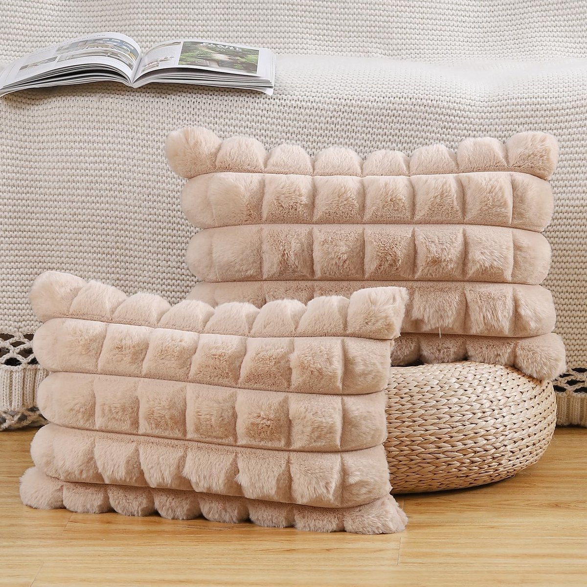 Set van 2 Zachte Decoratieve Kussenhoezen van Nep Wol voor Sofa en Slaapkamer 40x80cm Camel Kleur