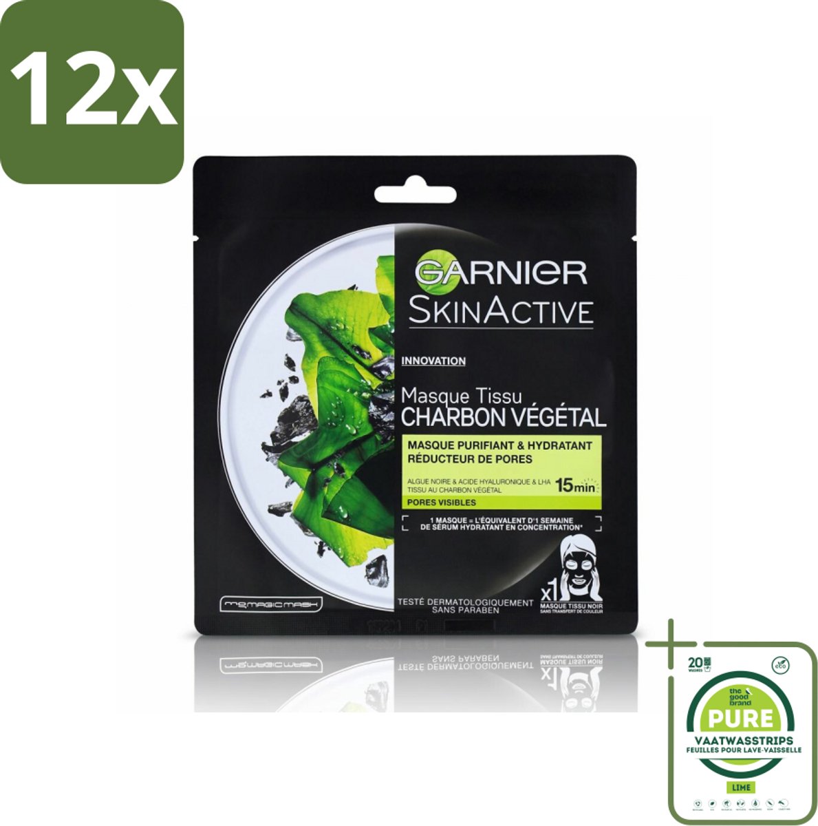 Garnier - SkinActive - Tissue Masker - Charcoal - 1 Gezichtsmasker - Voordeelverpakking - 12 stuks - Huid masker - Houtskool masker