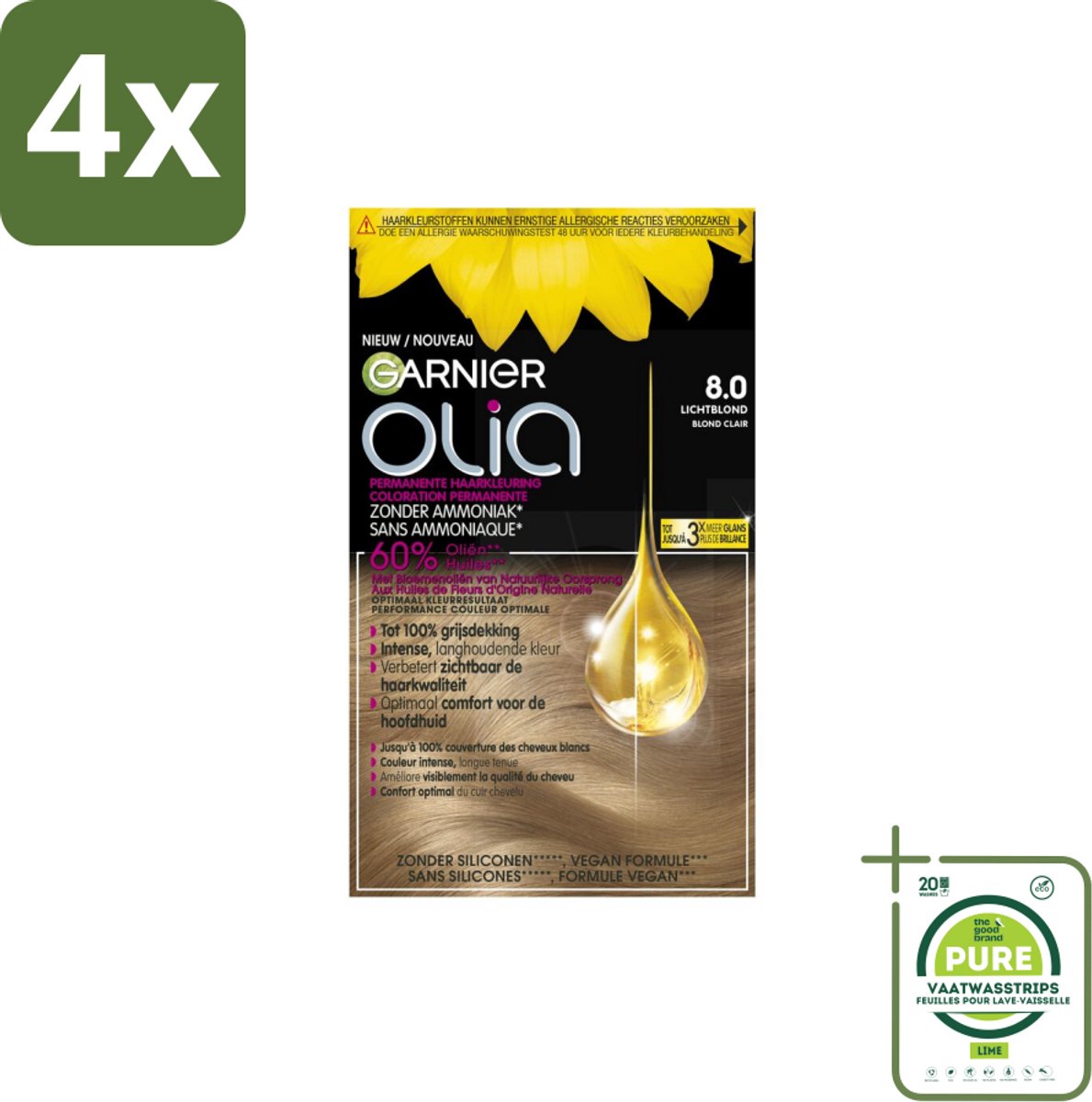 Garnier - Olia 8 - Haarkleuring - Lichtblond - Zonder Ammoniak - 60% Olie - Permanente Kleur - Voordeelverpakking - 4 stuks - Permanente haarkleur - Haarkleur zonder ammoniak
