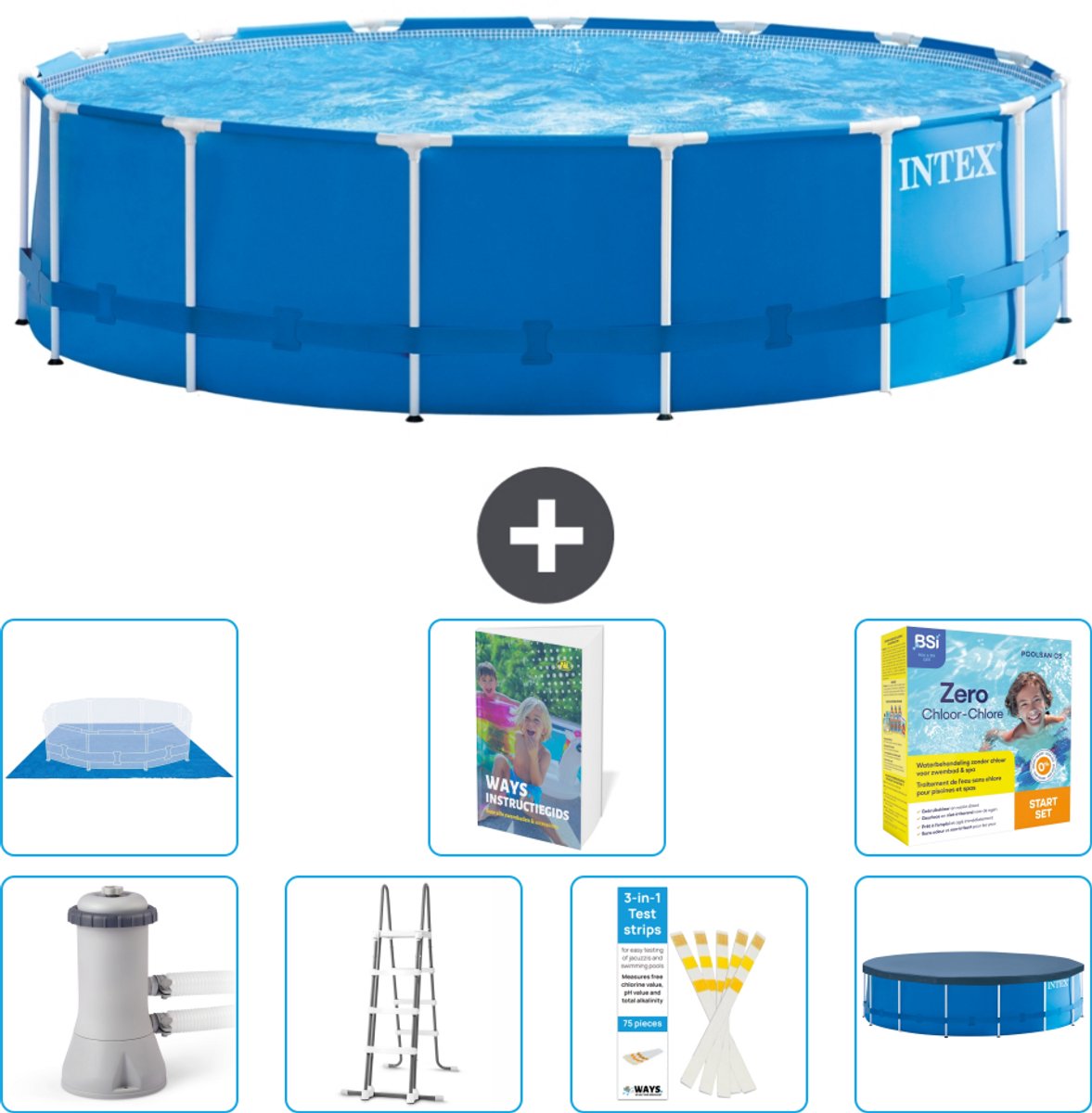 Intex Rond Frame Zwembad - 457 x 122 cm - Blauw - Inclusief Pomp - Ladder - Grondzeil - Afdekzeil - Onderhoudspakket - 8-delig