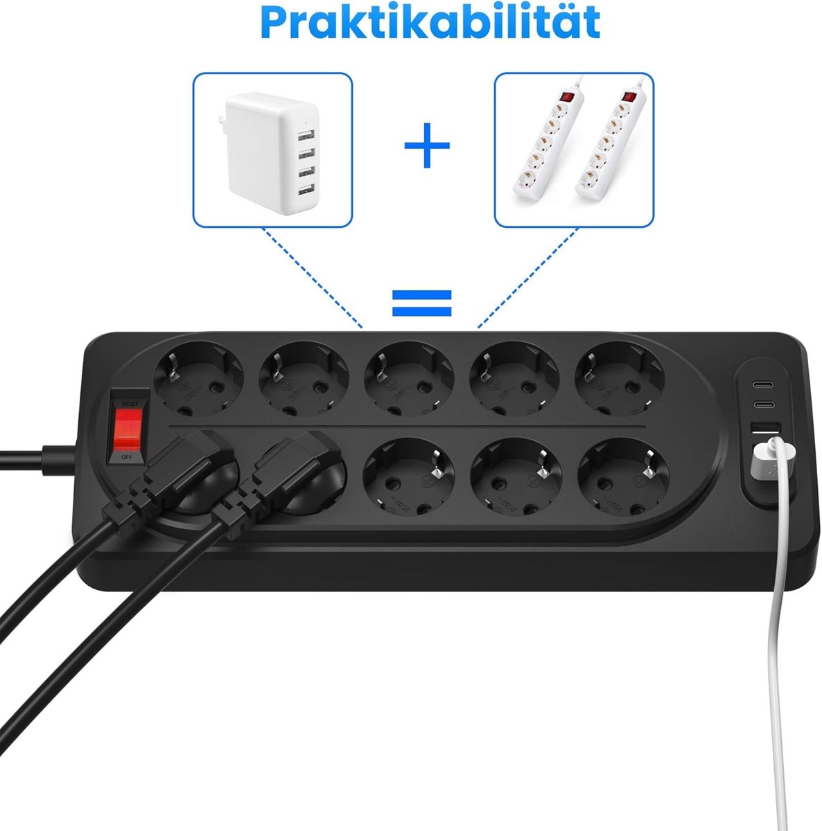 Meervoudig Stopcontact met USB-C - Zwart - 2 m - Platte Stekker met Schakelaar - Voor Thuis en Kantoor