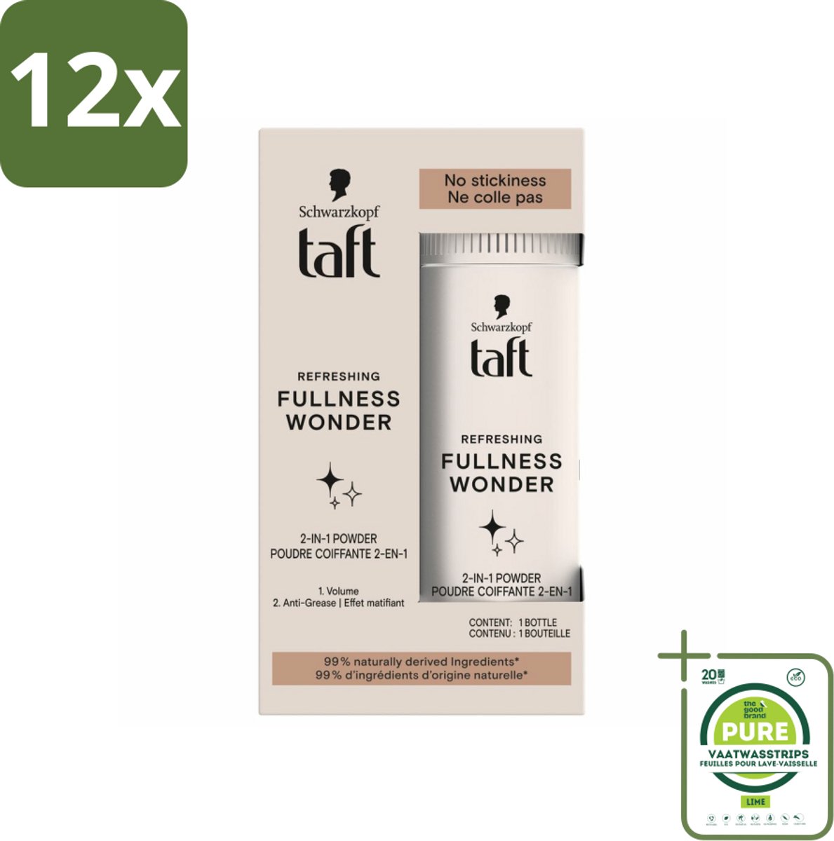 Taft - Refreshing Fullness Wonder - Volumepoeder - Volume & Anti-Grease - 10 gr - Voordeelverpakking - 12 stuks - Haarpoeder - Volume haar