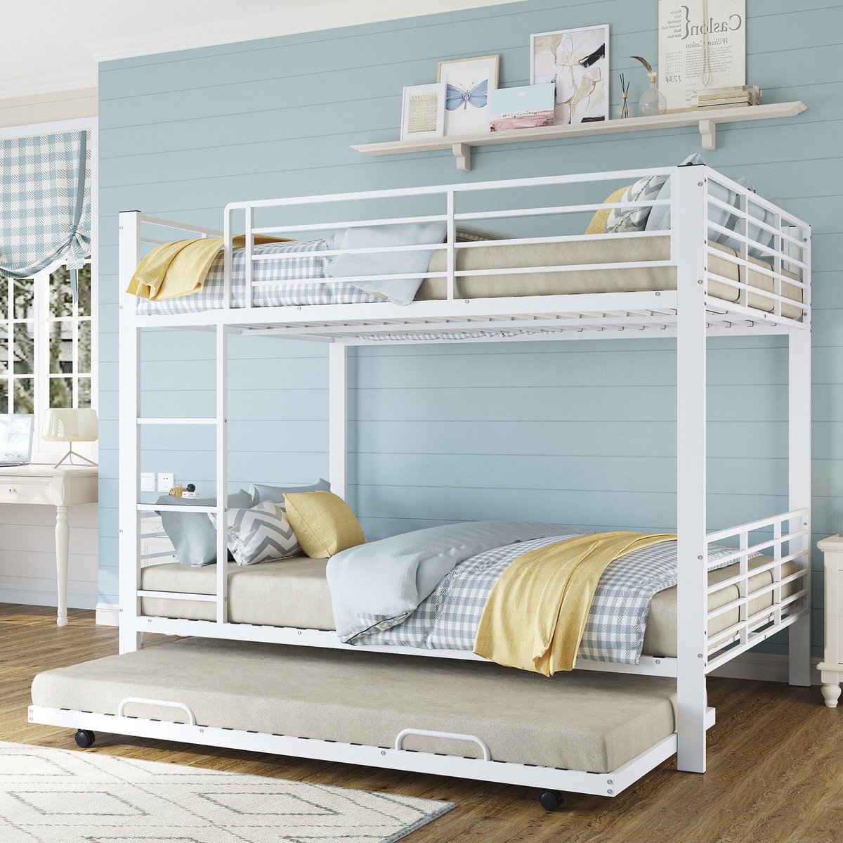 MIVRAY Stapelbed 140x200 Cm Met Uitvalbeveiliging En Uittrekbaar Onderbed Voor 3 Personen Voor Kinderkamer En Logeerkamer Metaal Mat Wit