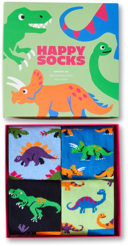 Happy Socks Dino Gift Set open doos met 4 paar kindersokken met dinosaurussen.