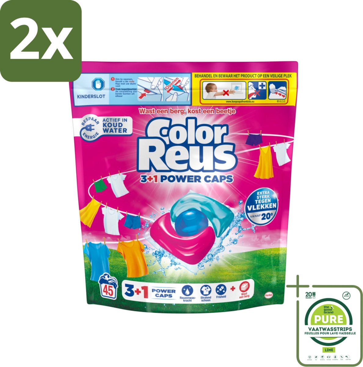 Color Reus - 3+1 Power Caps - Gekleurde Was - 45 Wasbeurten - Voordeelverpakking - 2 stuks - Wascaps - Kleurwas