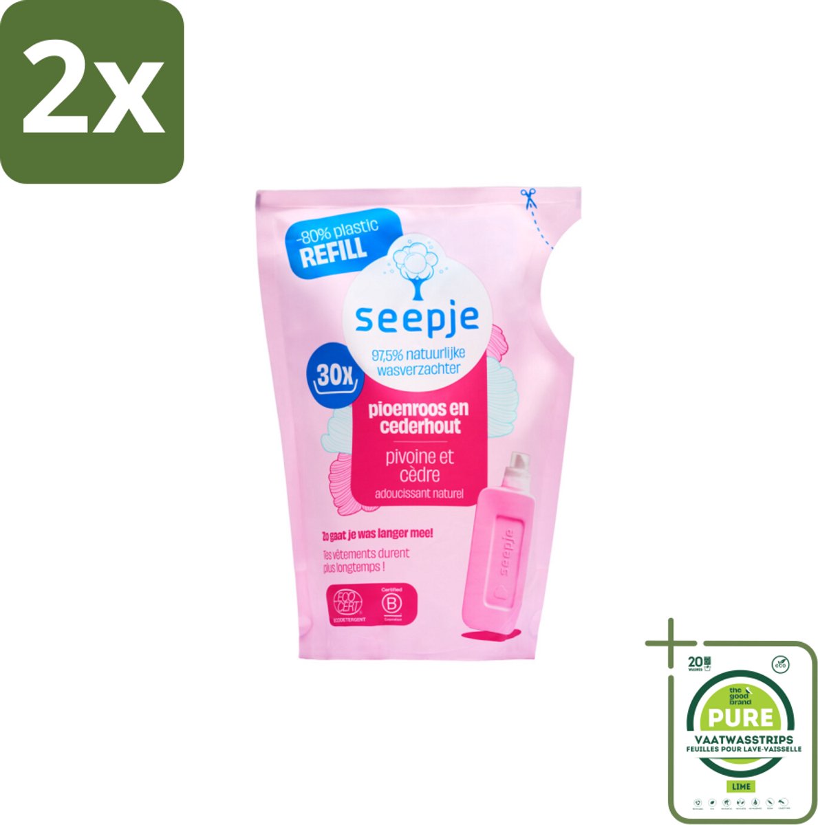 Seepje - Wasverzachter - Duurzaam & Frisse Geur - Navulling - Pioenroos en Cederhout - 30 Wasbeurten - 750 ml - Voordeelverpakking - 2 stuks - Wasverzachter - Wasmiddel