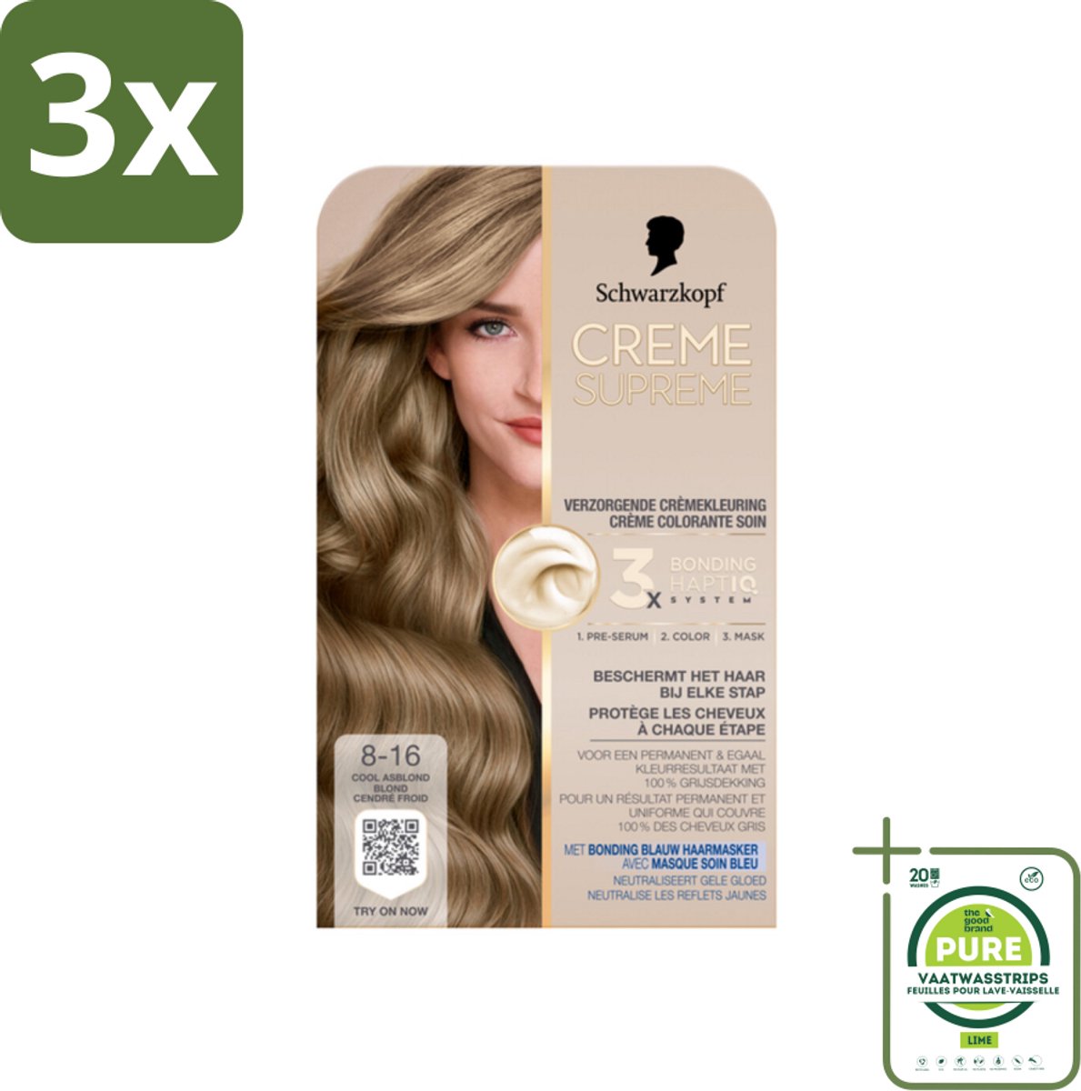 3 x Schwarzkopf - Haarkleuring - Creme Supreme 8-16 - Cool Asblond - 245g - Grootverpakking - Blond Haar - Asblond - Haarkleur - Permanente Haarkleuring - Grijsdekking