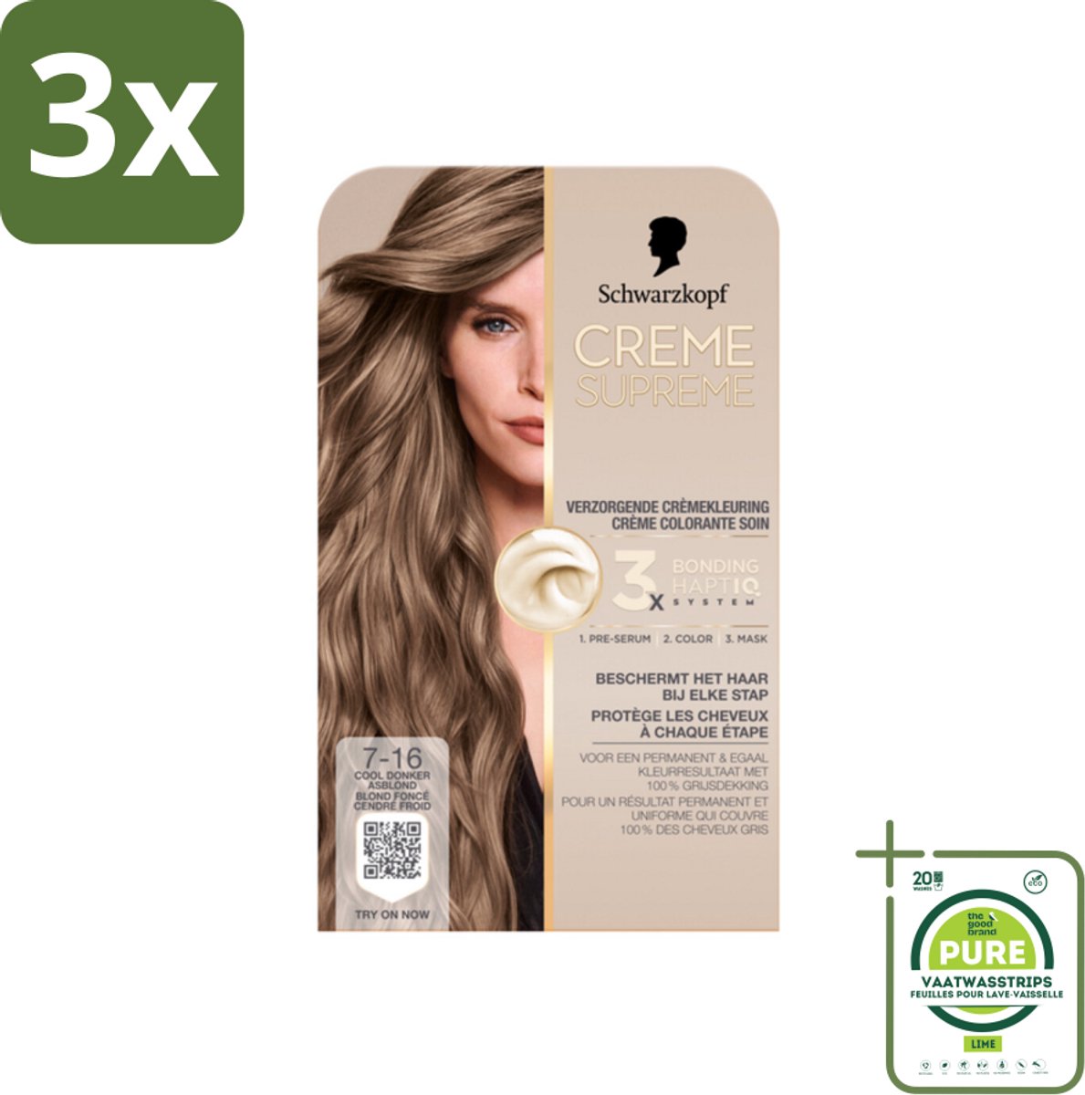 3 x Schwarzkopf - Haarkleuring - Creme Supreme 7-16 - Cool Donker Asblond - 245g - Grootverpakking - Asblond Haar - Permanente Haarkleur - Grijsdekking - Koele Blondtint - Haarkleur Verzorging