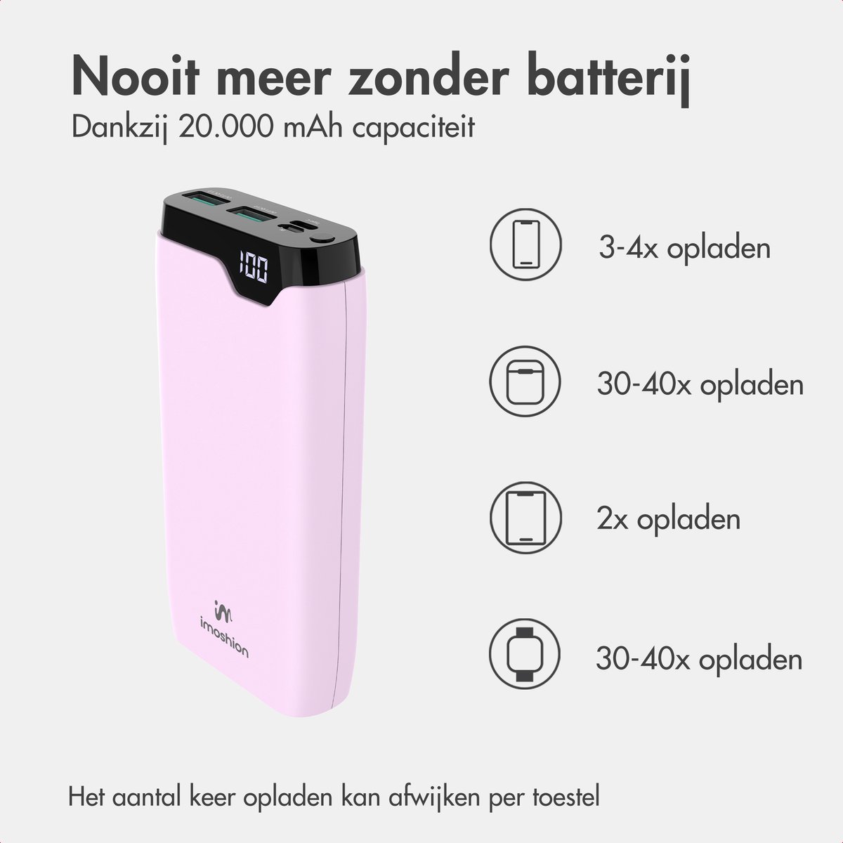 imoshion Powerbank 20000 mAh Snellader Lichtroze - afbeelding 3