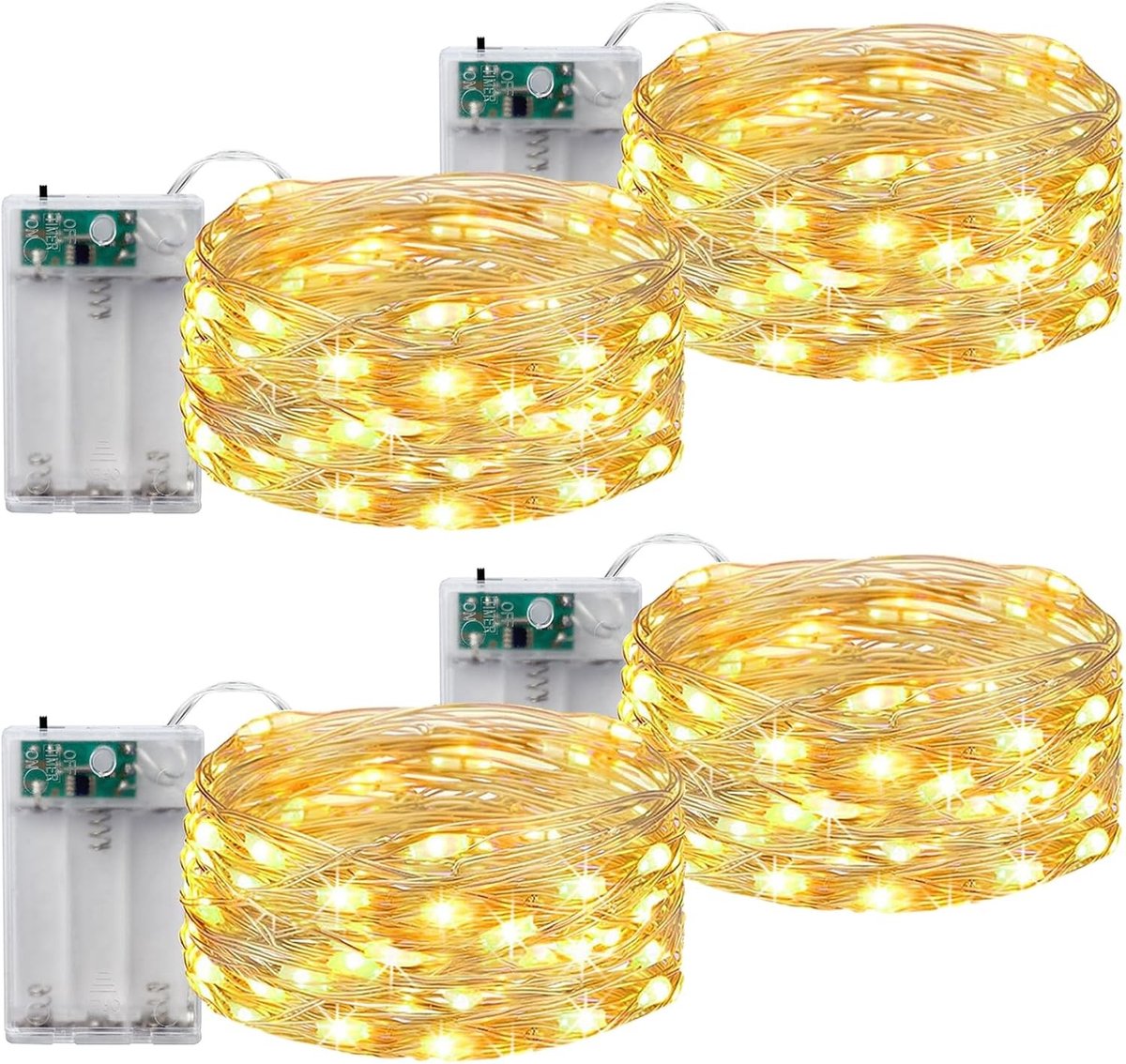 Set van 4 LED Feestverlichting op Batterij met Timer - 5 m 50 LED Koperdraad Lichten voor Binnen, Feestjes, Kerst en Bruiloften