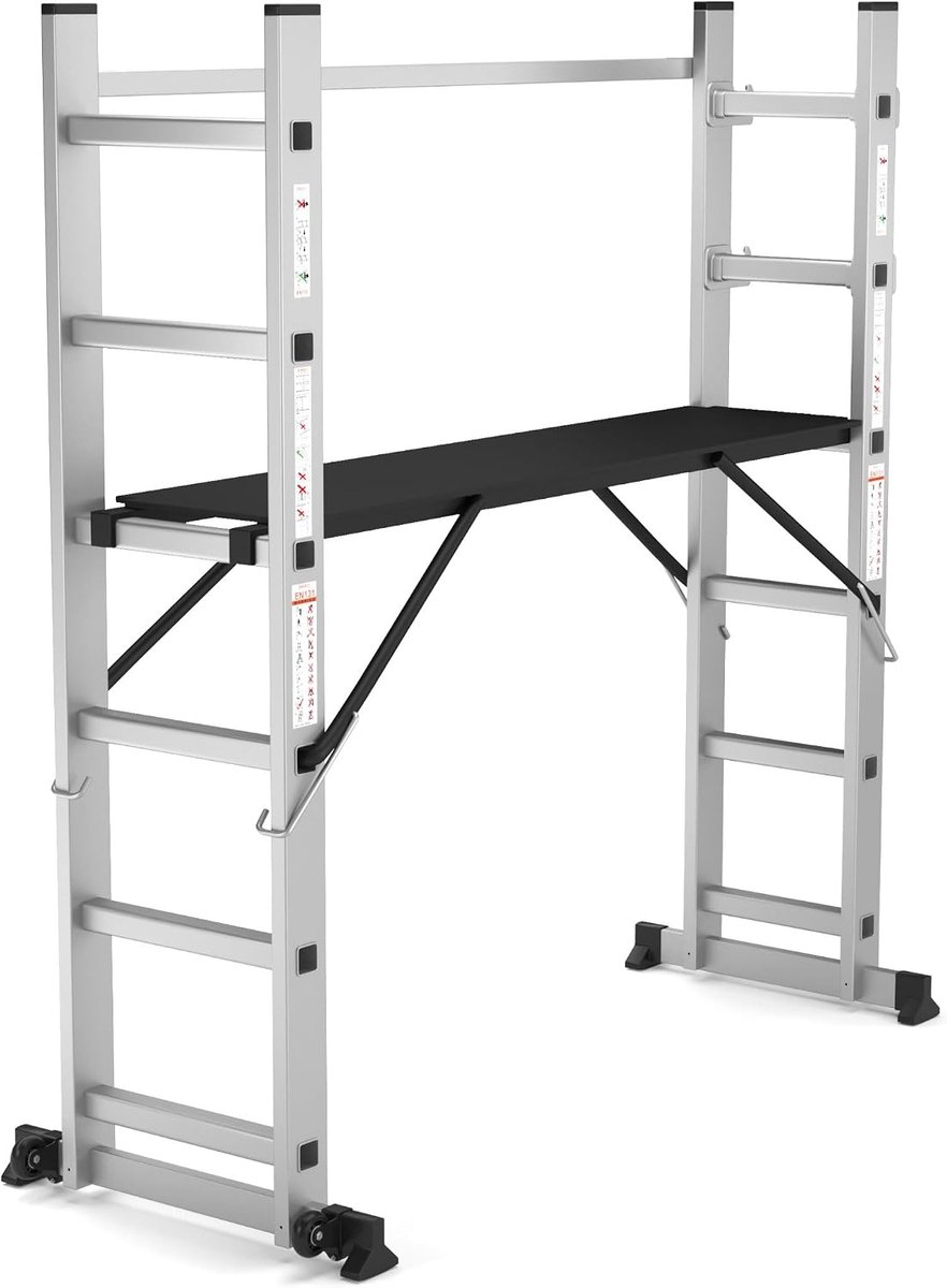SnelShoppen - Multifunctionele Scaffolding Ladder 168cm - 4-in-1 Ladder & Steiger - 4 Posities - Voor Thuis & Professioneel Gebruik - Max. 150 kg, EN