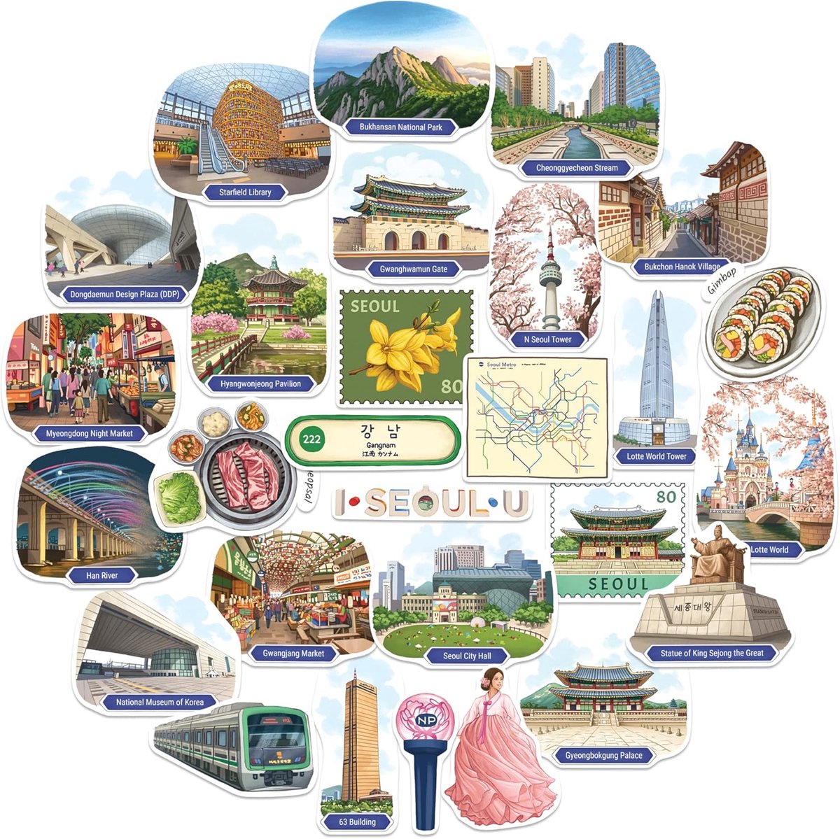 SnelShoppen - Navy Peony Seoul Reistickers Set (28 Stuks) - Gouache, Lente, Zuid-Korea, Stad Stickers voor Vakantie, Journals en Scrapbooks