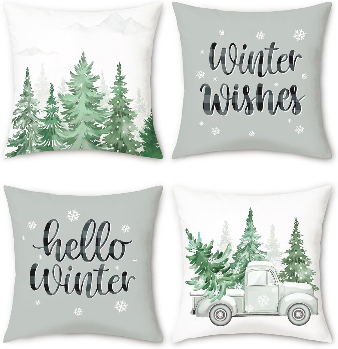 Decoratieve Kussenhoezen voor de Winter met Grijze Truck, Dennenbomen en Sneeuwvlokken - Set van 4 Kussens voor Sofa, Bed en Patio 45x45cm