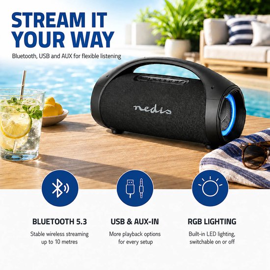 Nedis Bluetooth Party Boombox - 540 min - 2.2 - 150 W - Bronnen audio / video / data: Bluetooth / Line / USB - IPX5 - Koppelbaar - Handvat - Feestverlichting - Zwart — afbeelding 4