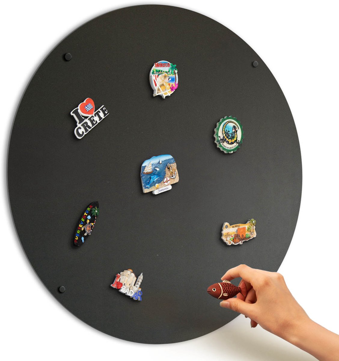 Wallfluent - Zwart staal magneetbord voor souvenir magneten - 70 cm - Ronde Magnetisch bord voor reismagneten - Magneetbord voor vakantiemagneten
