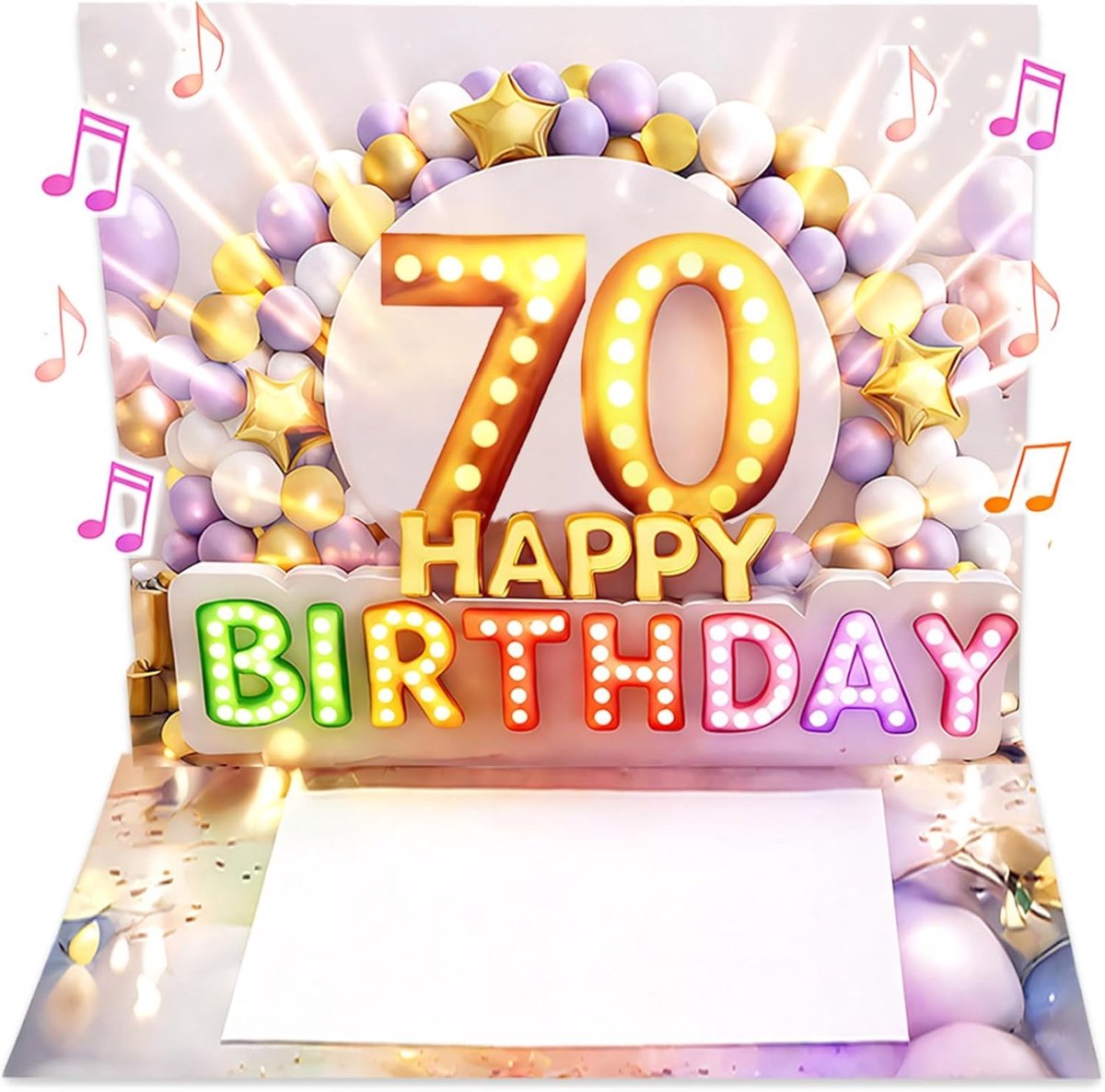 3D Pop-up Verjaardagskaart 70 - Met Muziek en Licht - Verlichte Happy Birthday Tekst - 20x15cm - Voor Vrouwen