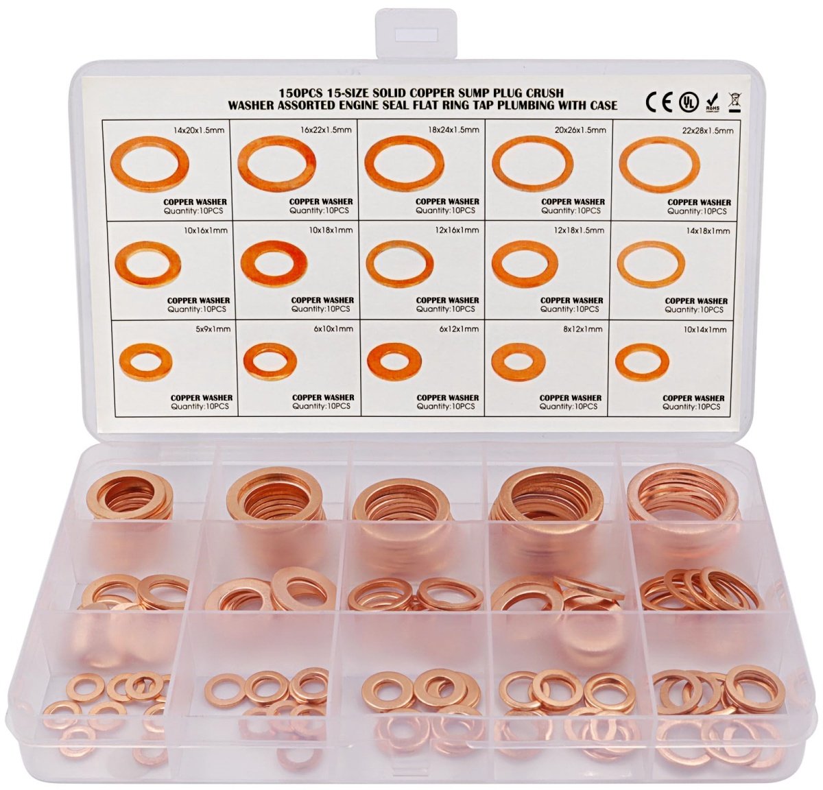 longziming -Koperen Afdichtringen Set 150 Delig – Assortiment Sluitringen M5-M22 – Platte Koperen Ringen voor Olieaftappluggen, Bouten en Schroeven
