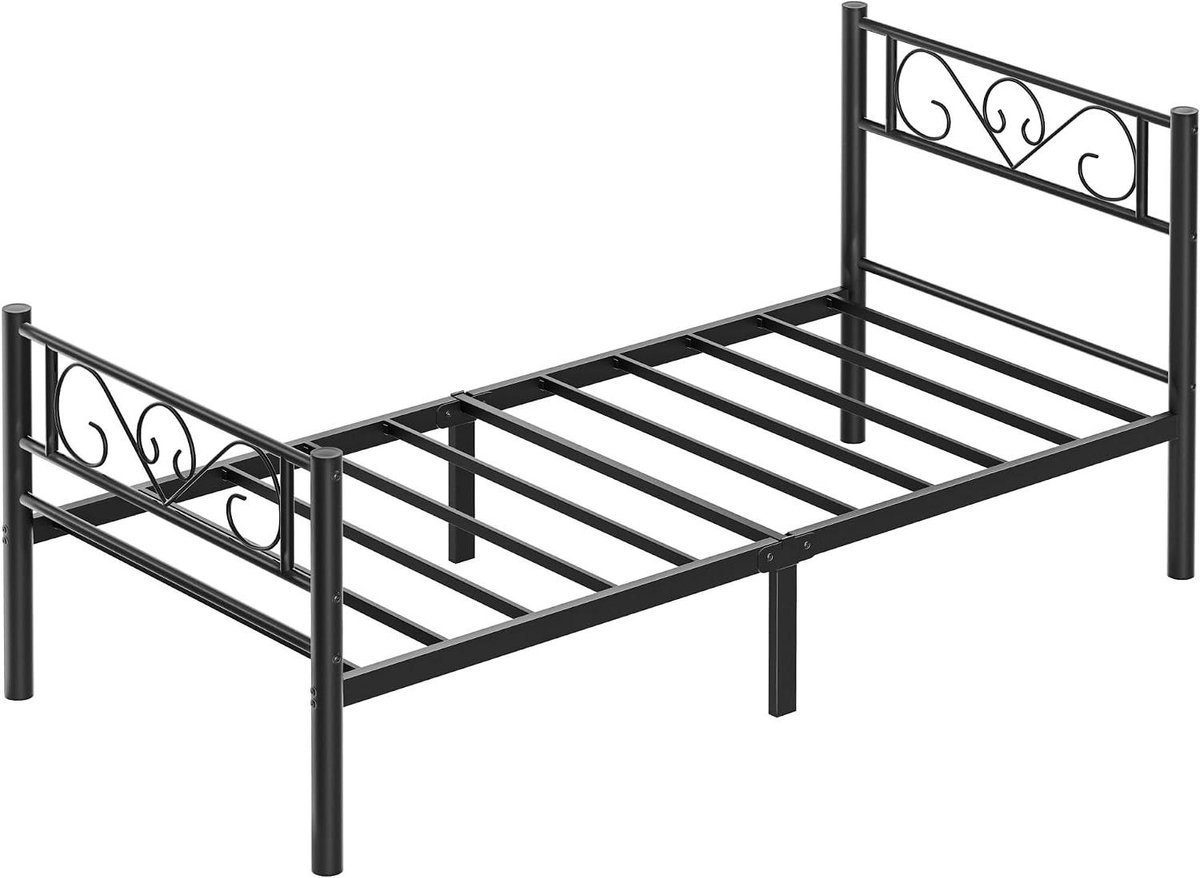 Bedframe met lattenbodem - Eenpersoonsbed metaal - Slaapkamer inrichten - Stabiele constructie - 90 x 200 cm - Zwart