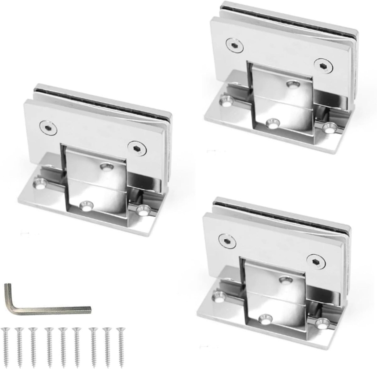 Set van 3 Hoogwaardige RVS Scharnieren voor Glazen Deuren met 90° Openingshoek, 5 mm Dikte en 3-Punts Bevestiging voor 8-12 mm Glas