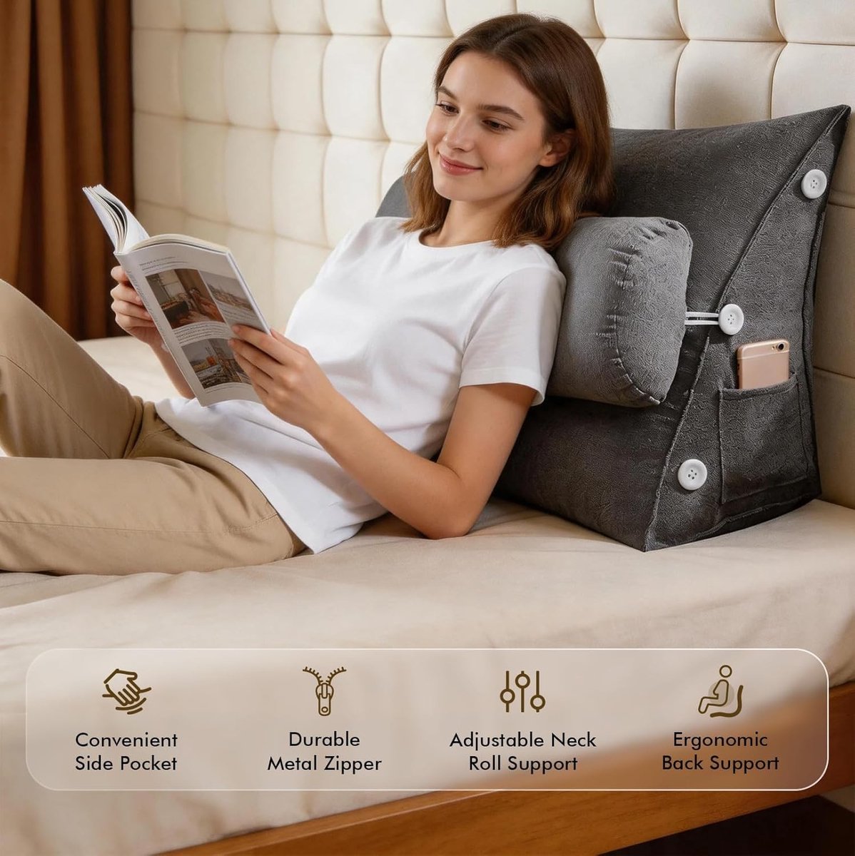 Ergonomisch Leeskussen met Verstelbare Nekrol en Zijvak, Wedge Kussen voor Bed 60 x 22 x 50 cm, Luxe Velvet Hoofdkussen voor Comfortabel Lezen en Ontspannen