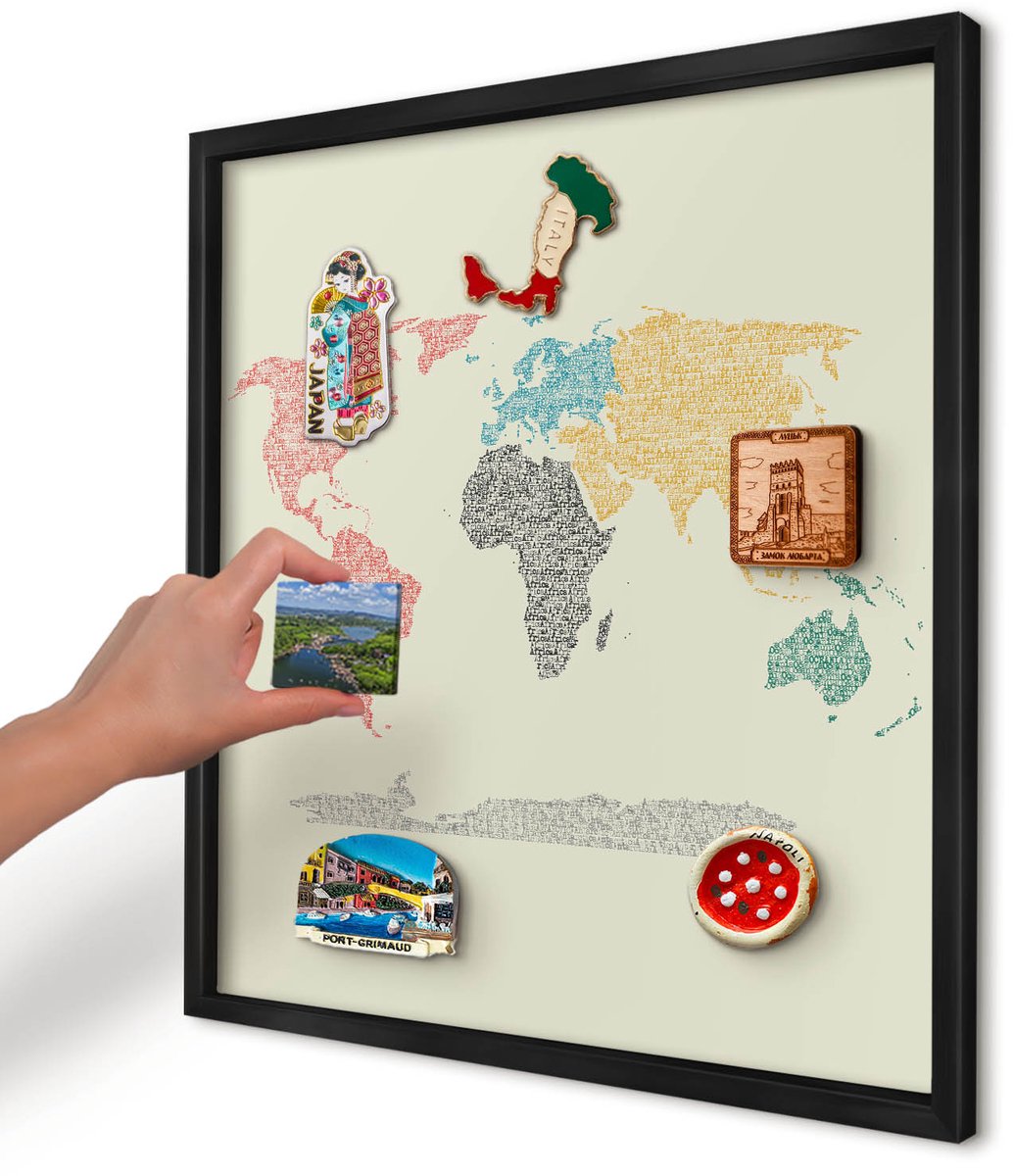 Artprintcave Beige Magneetbord mit Zwart Frame - 50x50 cm - Wereldkaart Magnetisch Bord Voor Magneten - Typografisch Memobord Keuken - Kaarten