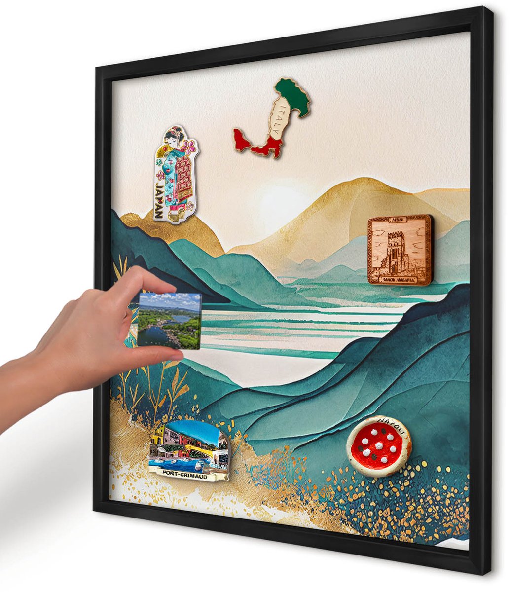 Artprintcave Turkoois Magneetbord mit Zwart Frame - 50x50 cm - Een Vredig Uitzicht Magneetbord Voor Keuken - Waterverf Memobord Keuken - Landschappen