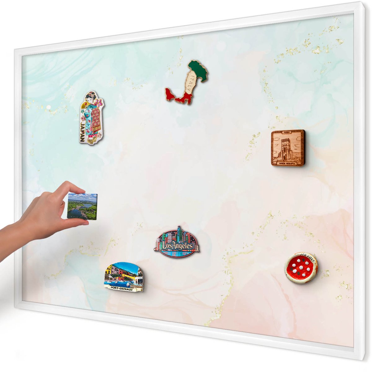 Artprintcave Romig Magneetbord mit Witte Lijst - 100x70 cm - Pastel Elegantie Magnetische Organizer - Waterverf Magneetbord Voor Foto's - Abstractie