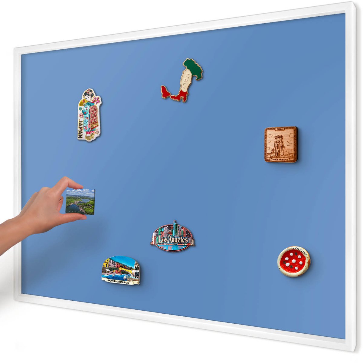 Artprintcave Blauw Magneetbord mit Witte Lijst - 100x70 cm - Blauwe Kleur Magnetisch Bord Voor Magneten - Minimalist Magneetbord Voor Keuken - Achtergronden En Patronen