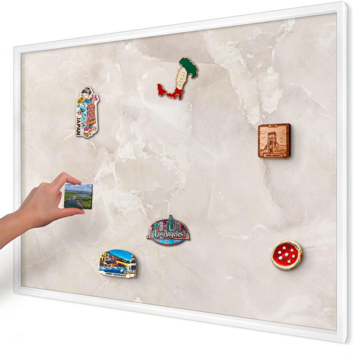 Artprintcave Beige Magneetbord mit Witte Lijst - 100x70 cm - Beige Marmer Magnetisch Bord - Minimalist Memobord Keuken - Texturen