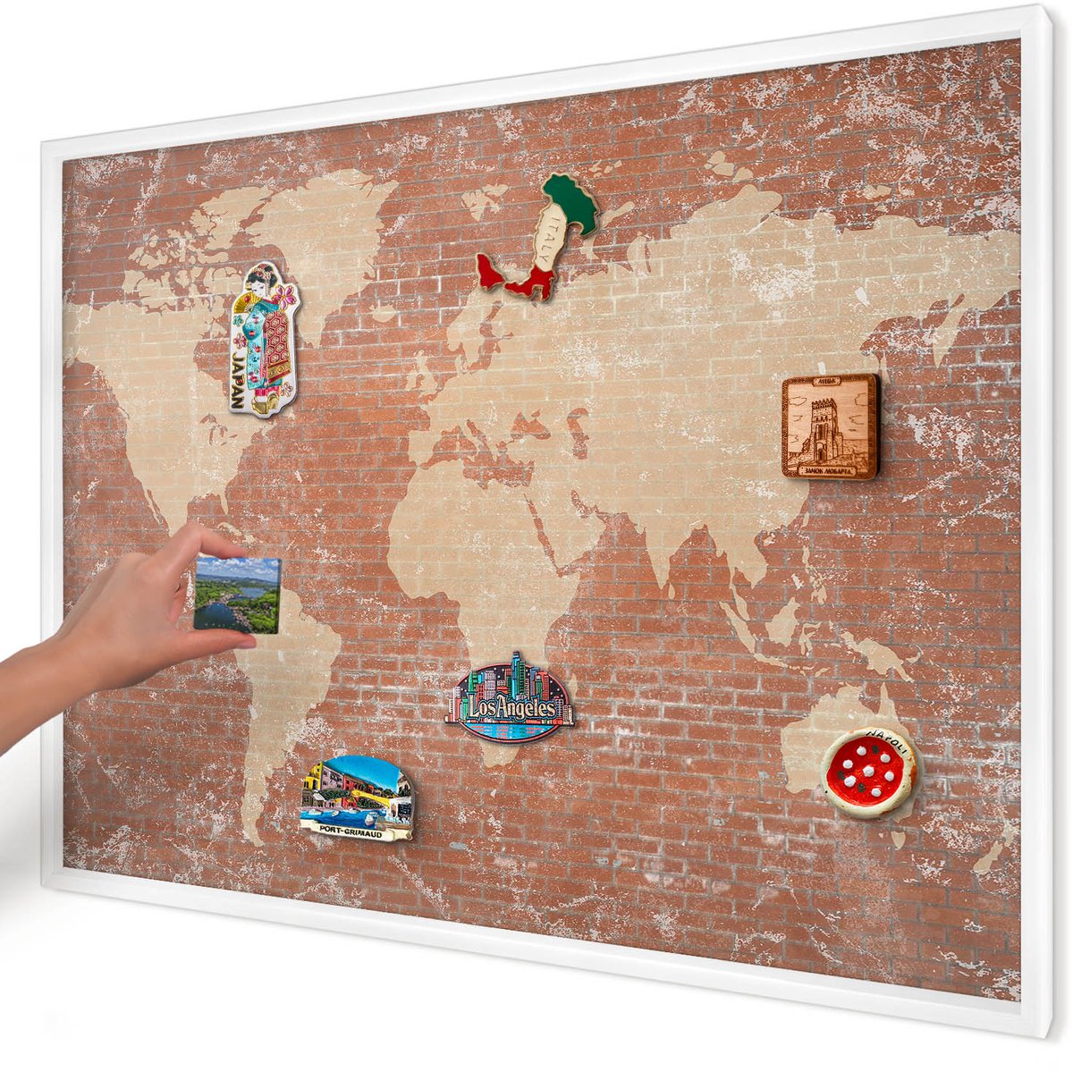 Artprintcave Bruin Magneetbord mit Witte Lijst - 100x70 cm - Bakstenen Plattegrond Magneetbord Voor Foto's - Industrieel/Loft Memobord Keuken - Kaarten