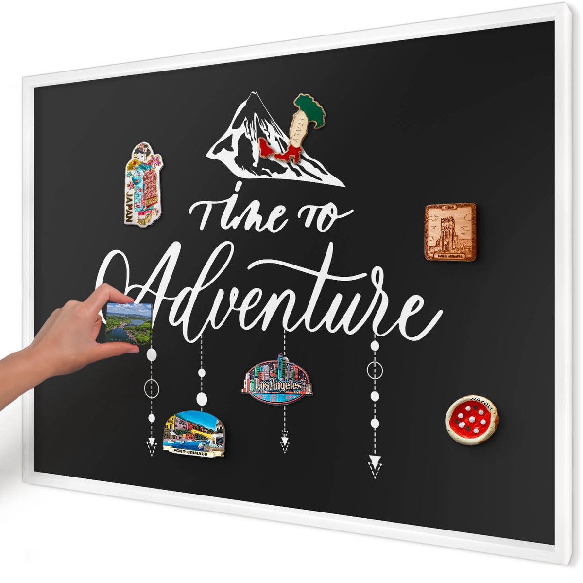 Artprintcave Zwart Magneetbord mit Witte Lijst - 100x70 cm - Avontuur Wacht. Notitiebord - Modern Wandbord Magnetisch - Teksten