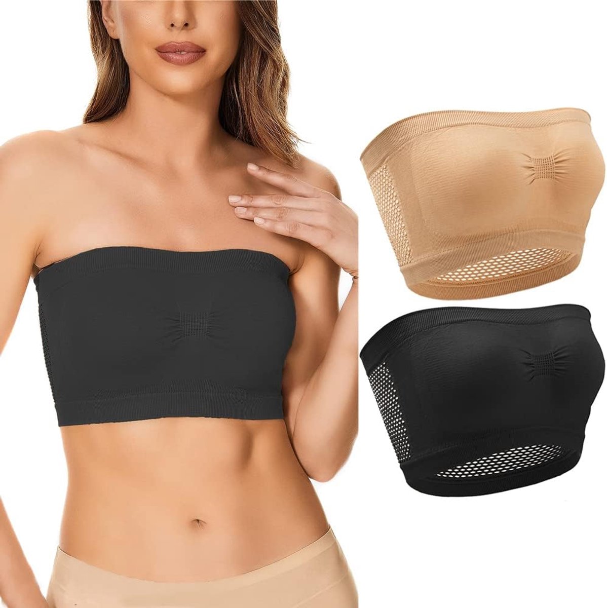 2 stuks bandeau-beha voor dames, strapless niet-gewatteerde bandeau, ademende mesh buizen-top beha (zwart nude M-2XL)