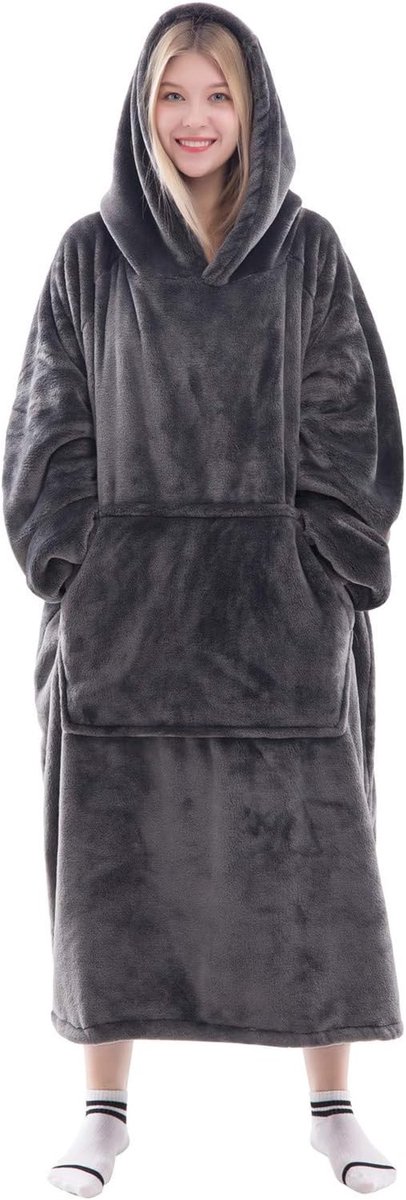 Draagbaar deken sweatshirt voor dames en heren, super warme en gezellige gigantische dekenhoodie, dikke flanellen deken met mouwen en gigantische zak, A, Eén maat