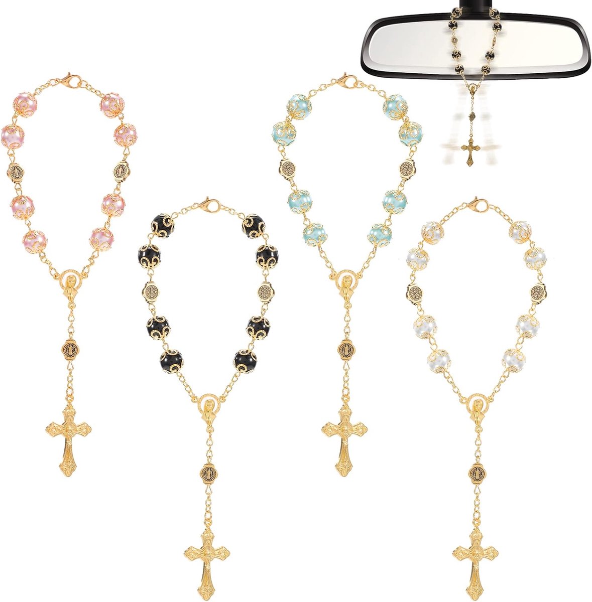 4 Stks Auto Hanger Rozenkrans Kralen Katholiek, Cross Auto Achteruitkijkspiegel Opknoping Ornament Auto Interieur en Woondecoratie Accessoires Parels Doop Rozenkrans Armband Auto Opknoping Accessoires
