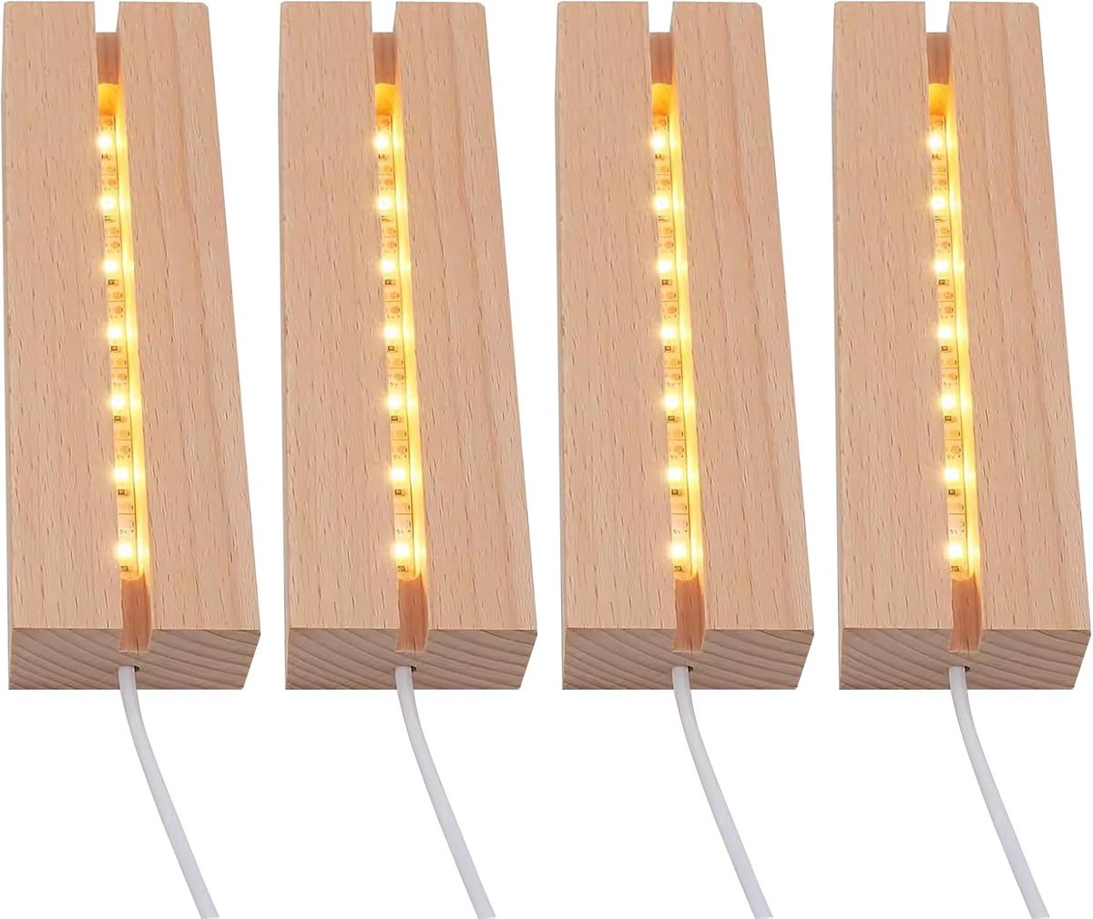 4 stuks led-sokkels, led-lichtsokkel, led-verlichting, displaybasis, rechthoekige houten verlichte basis, houten lichtstandaard, houten verlichte USB-lichtsokkel voor glazen blok, kristallen (warm)