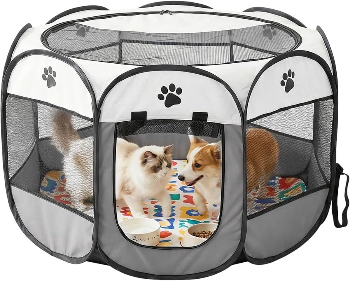 opvouwbare hondenbox 74 x 74 x 43 cm, puppyren kattenhok voor kleine dieren thuis, box vrijloopren voor honden, katten, konijnen, binnen en buiten (grijs)