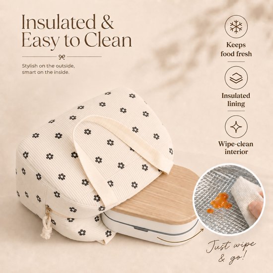 Rainbecom - Koeltas - Koeltassen 6.5 L - Lunchtas Dames en Kinderen - Geïsoleerde Lunch Bag met Voorvak - Corduroy - Beige met Bloemen van Rainbecom — afbeelding 3
