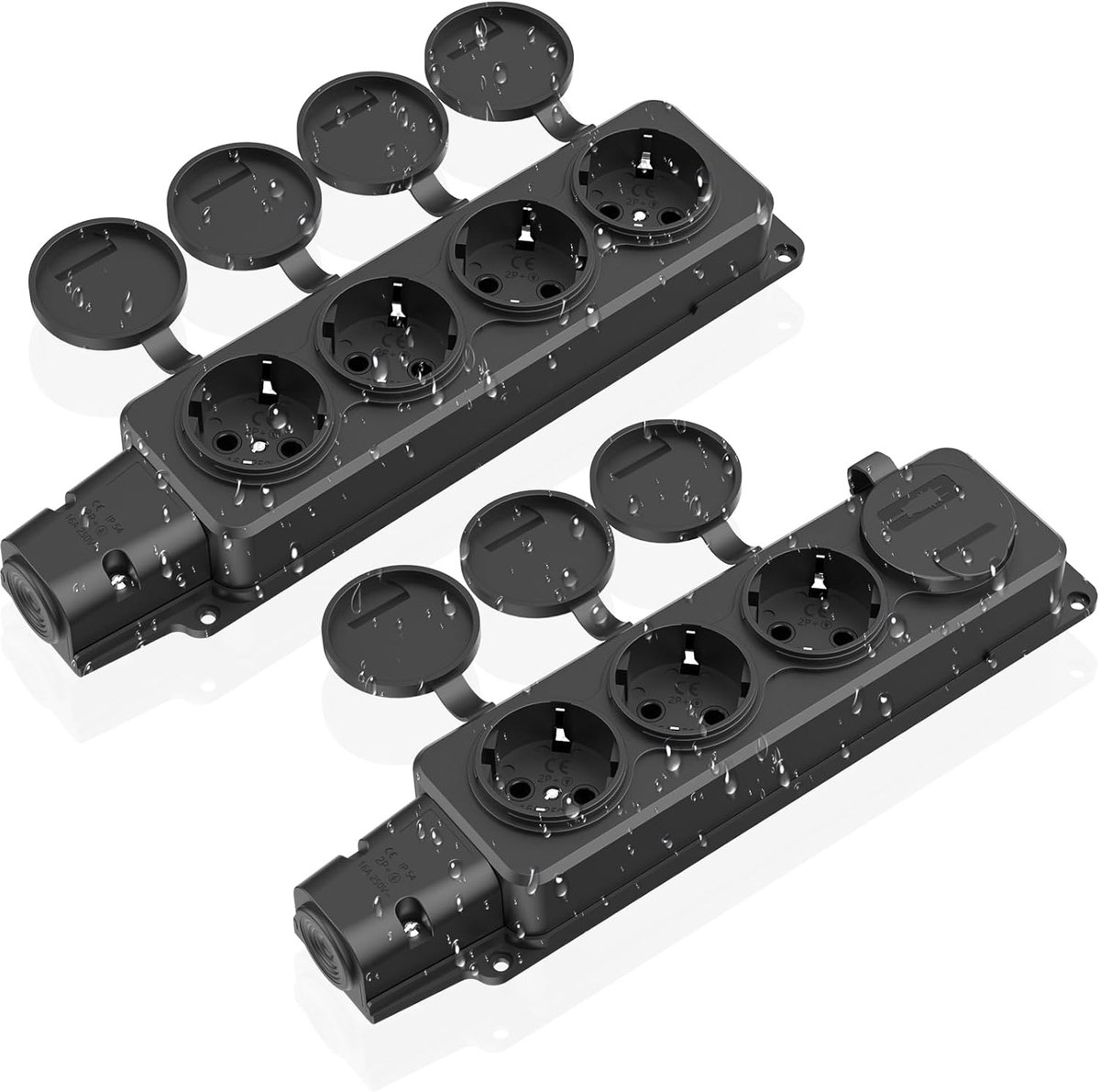 2 stuks stopcontactenreeks voor buiten, 4-voudige stopcontactverdeler met klepdeksels, buitenstopcontact voor tuin, buitenstopcontact waterdicht IP54, 230V/16A, 3500W, zwart