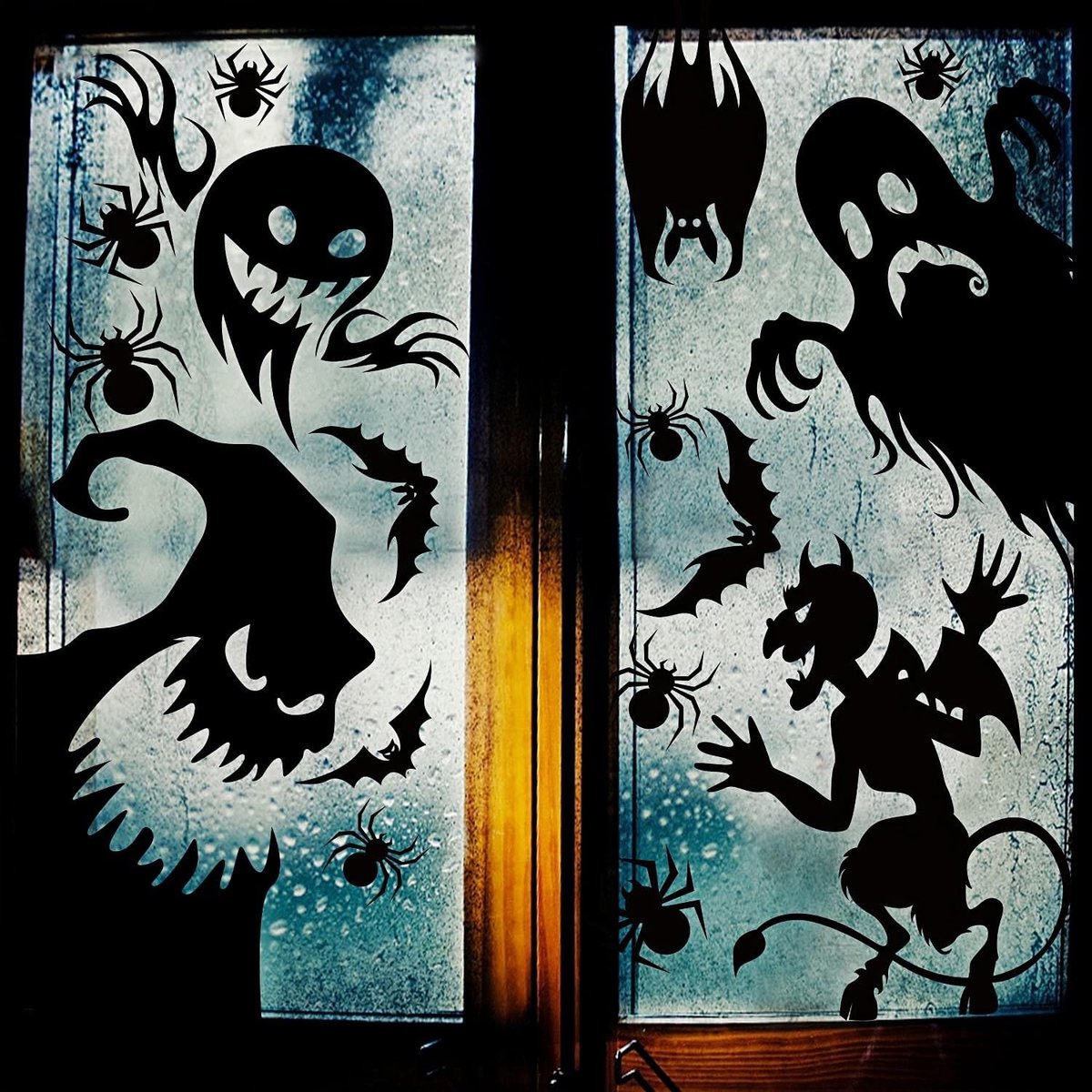 Raamstickers met spoken, skelet en pompoen, 4 designs, zelfklevende raamfolie voor ruit, muur, glas, afneembare Halloween-decoratie voor thuis, kantoor en etalage